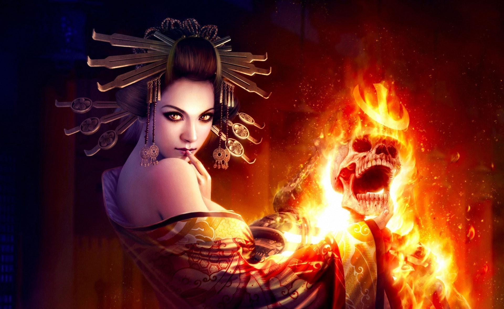 Geisha holding a flaming skull HD Wallpaper