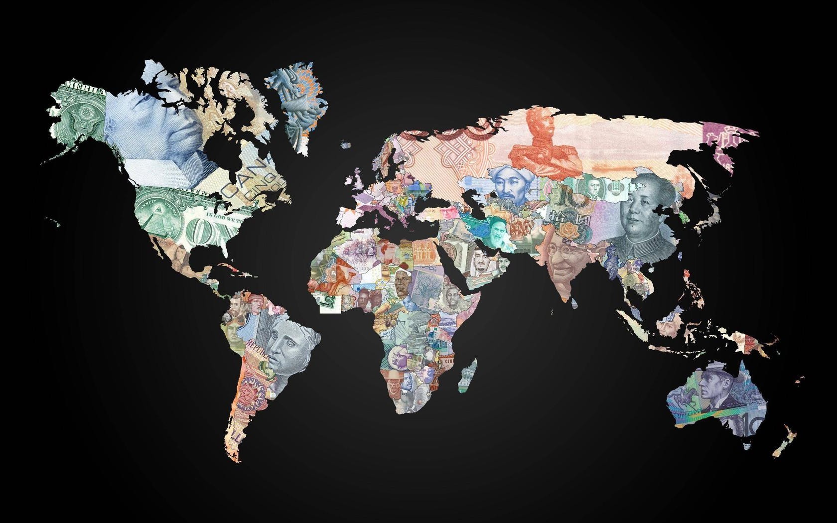 World map made of various currencies HD Wallpaper