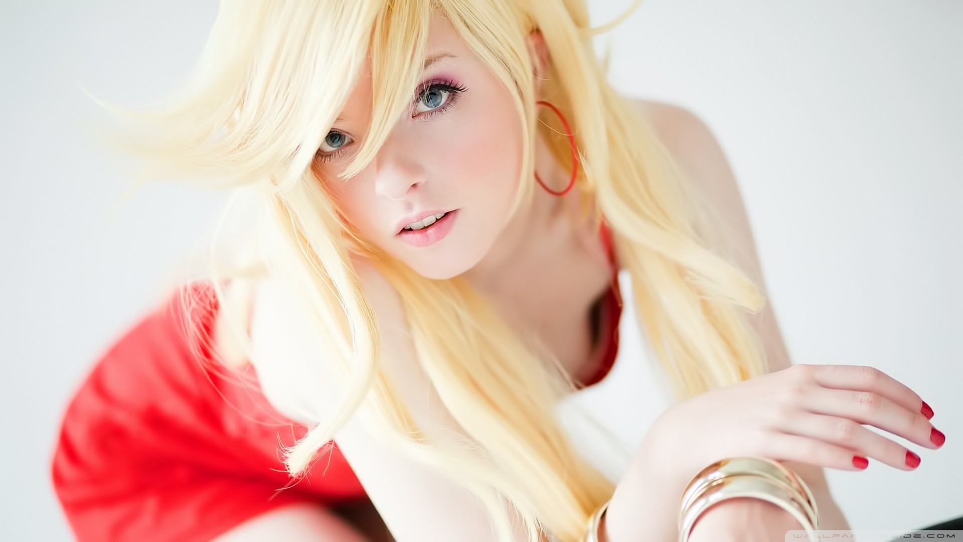 Woman with blonde hair wearing a red dress HD Wallpaper