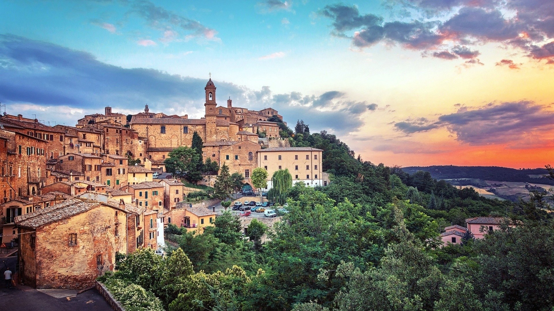 Tuscan town with church at sunset HD Wallpaper