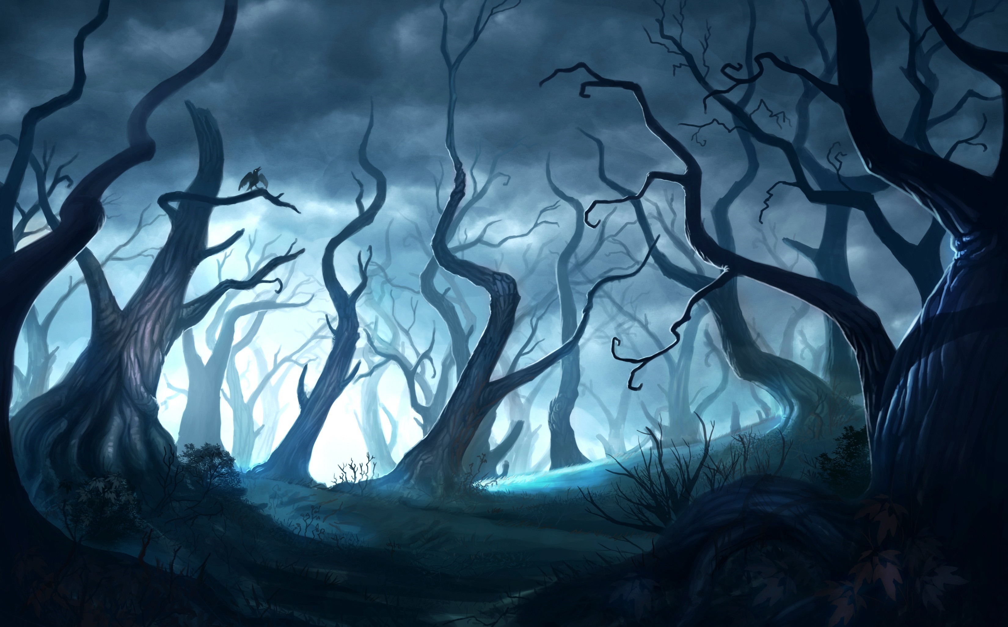 Dark fantasy forest with gnarled trees and a bird HD Wallpaper