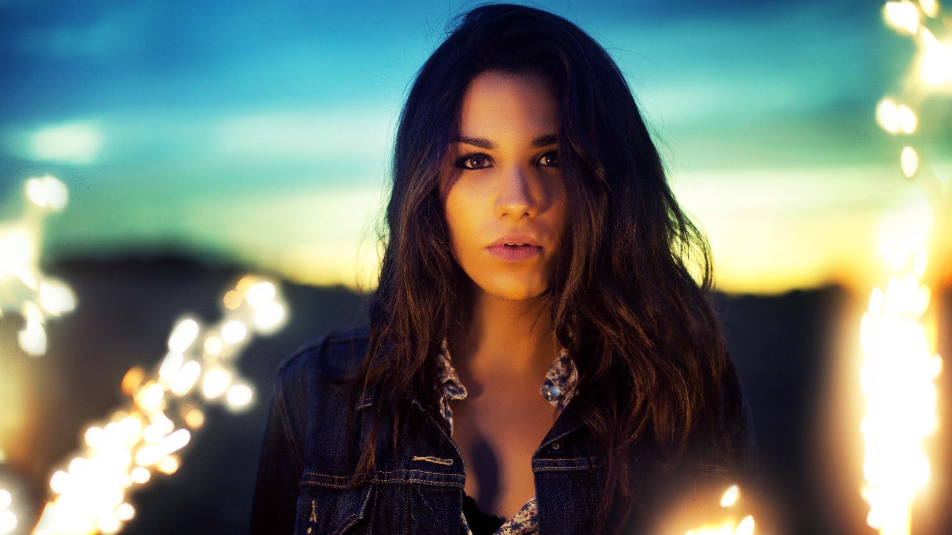 Woman with long dark hair and denim jacket HD Wallpaper