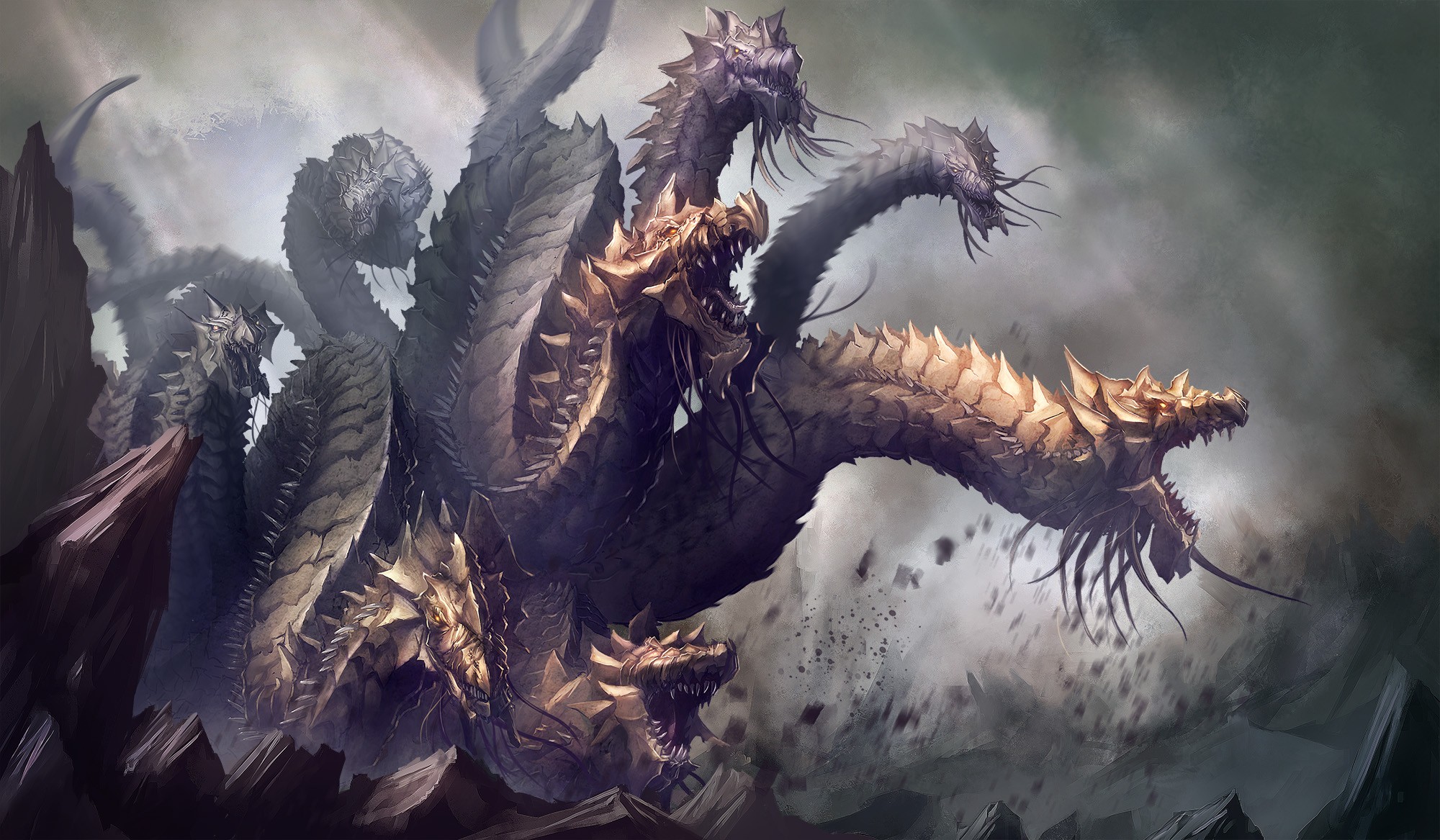 Digital artwork of a multi-headed mythological hydra creature HD Wallpaper