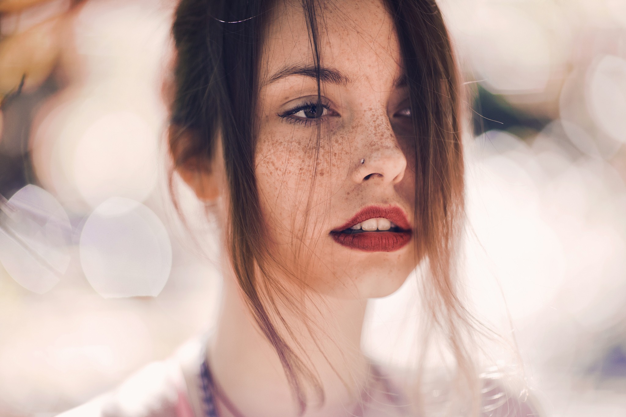 Woman with freckles and red lipstick HD Wallpaper