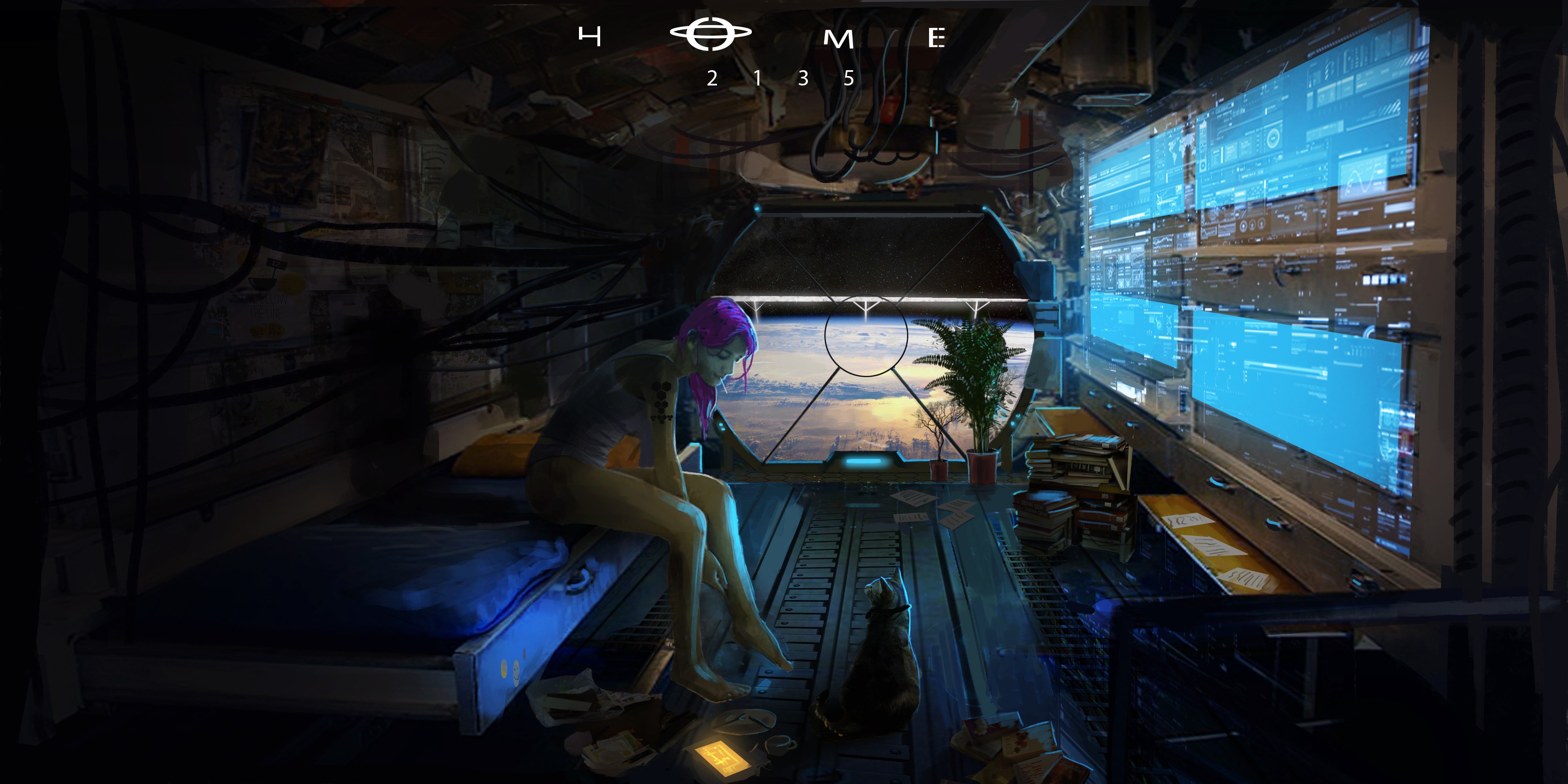 Woman with purple hair and cat in futuristic spaceship interior HD Wallpaper
