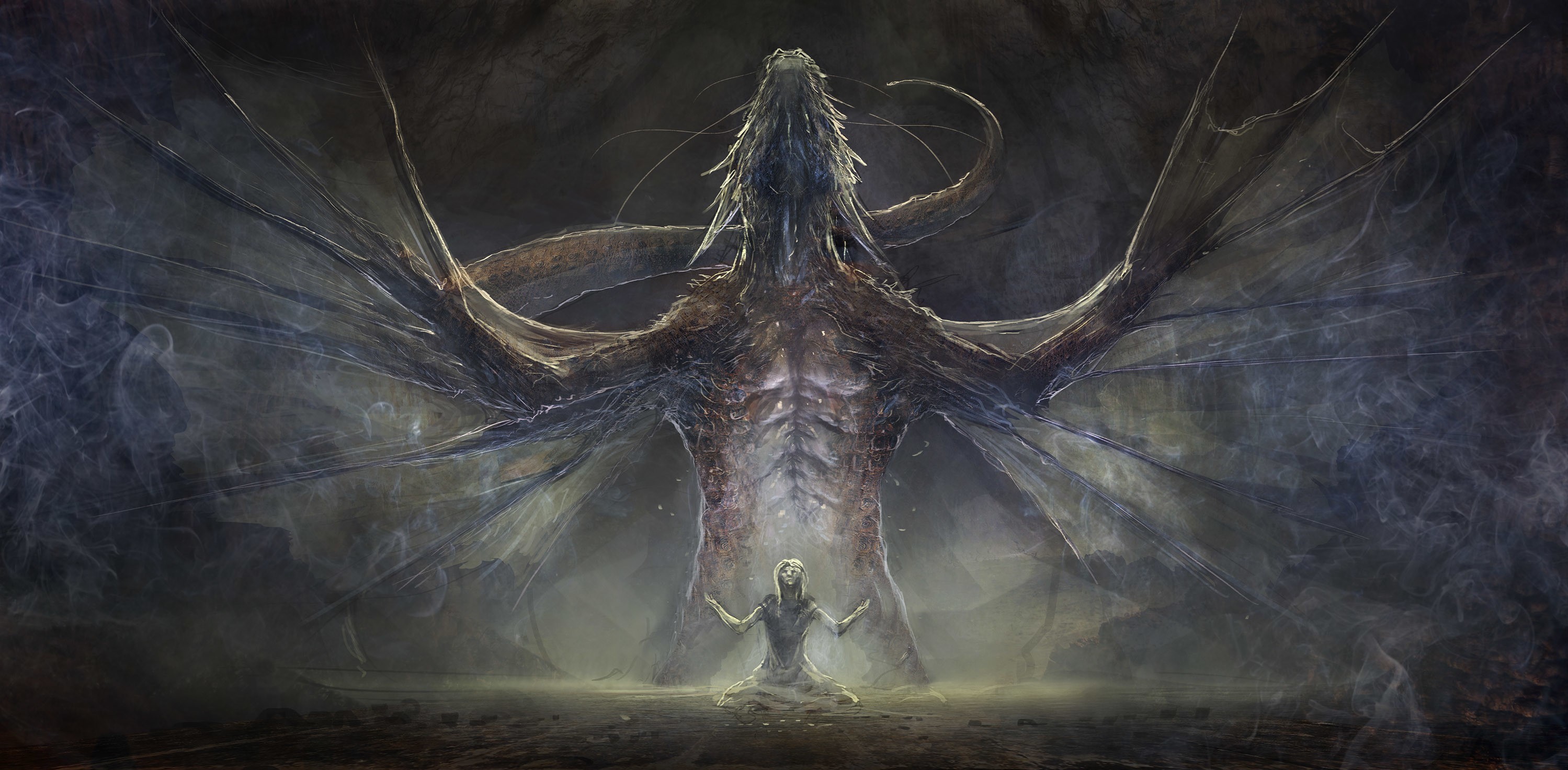 Artwork of a dragon and a person HD Wallpaper