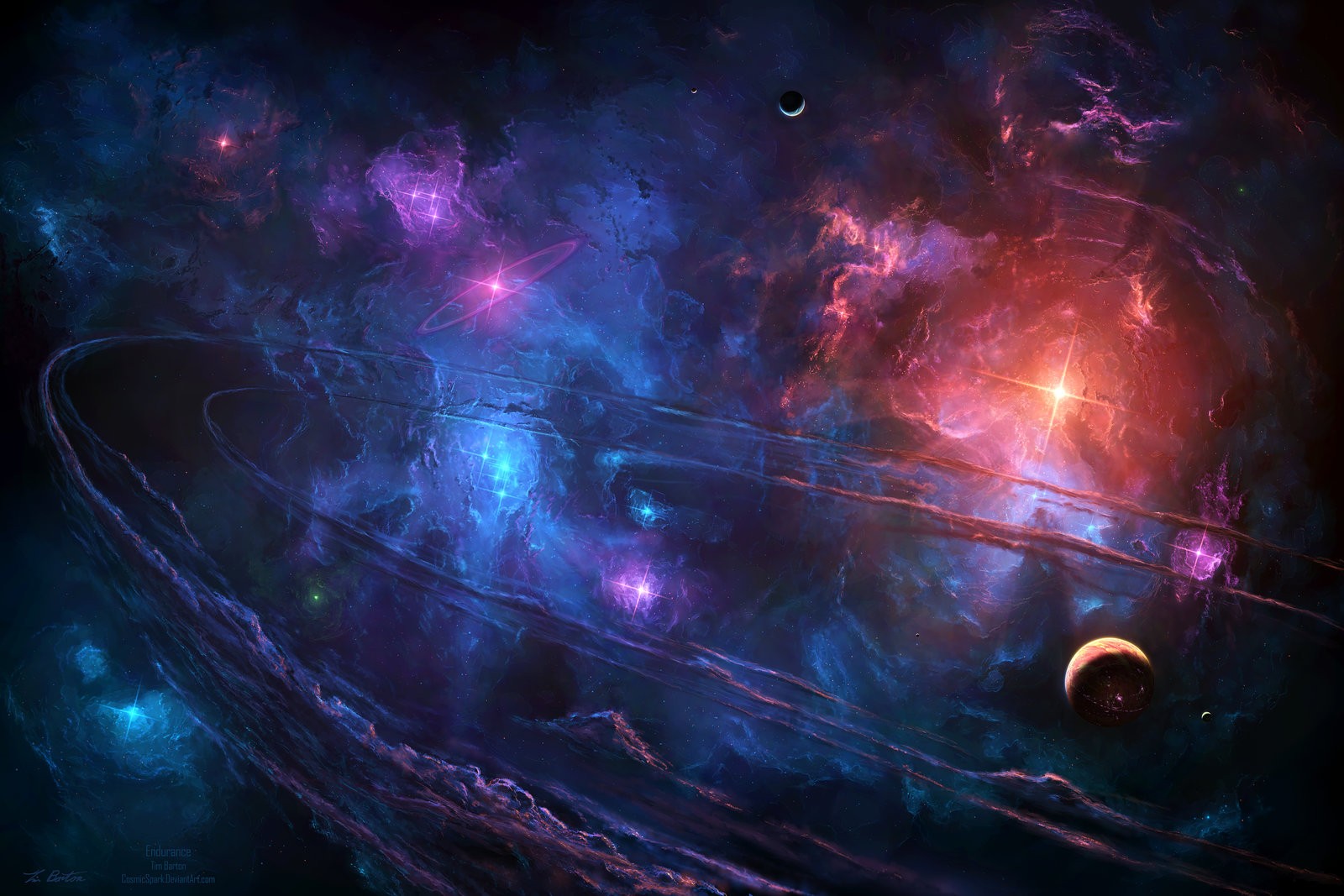Vast cosmic nebula with planets and stars HD Wallpaper