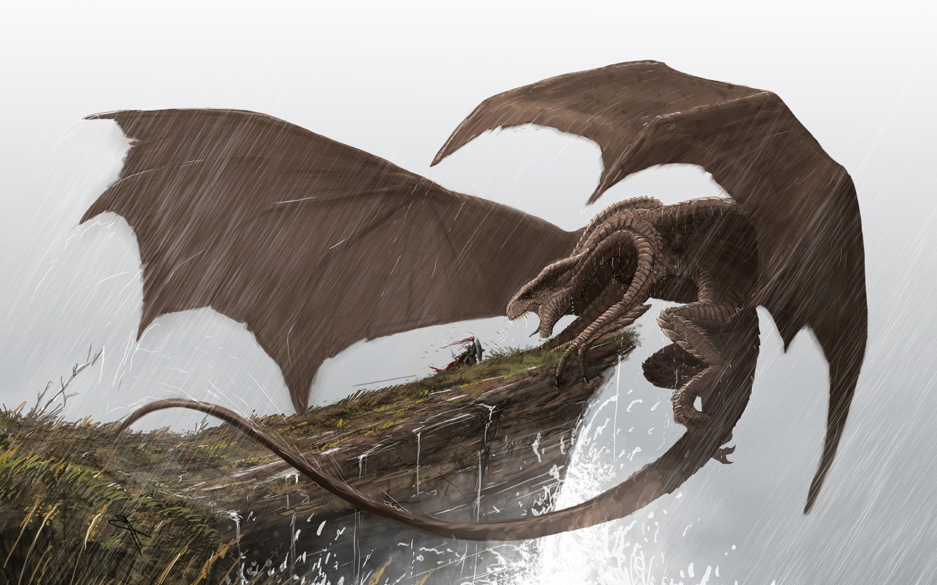 Dragon attacking a knight on a cliff in the rain HD Wallpaper
