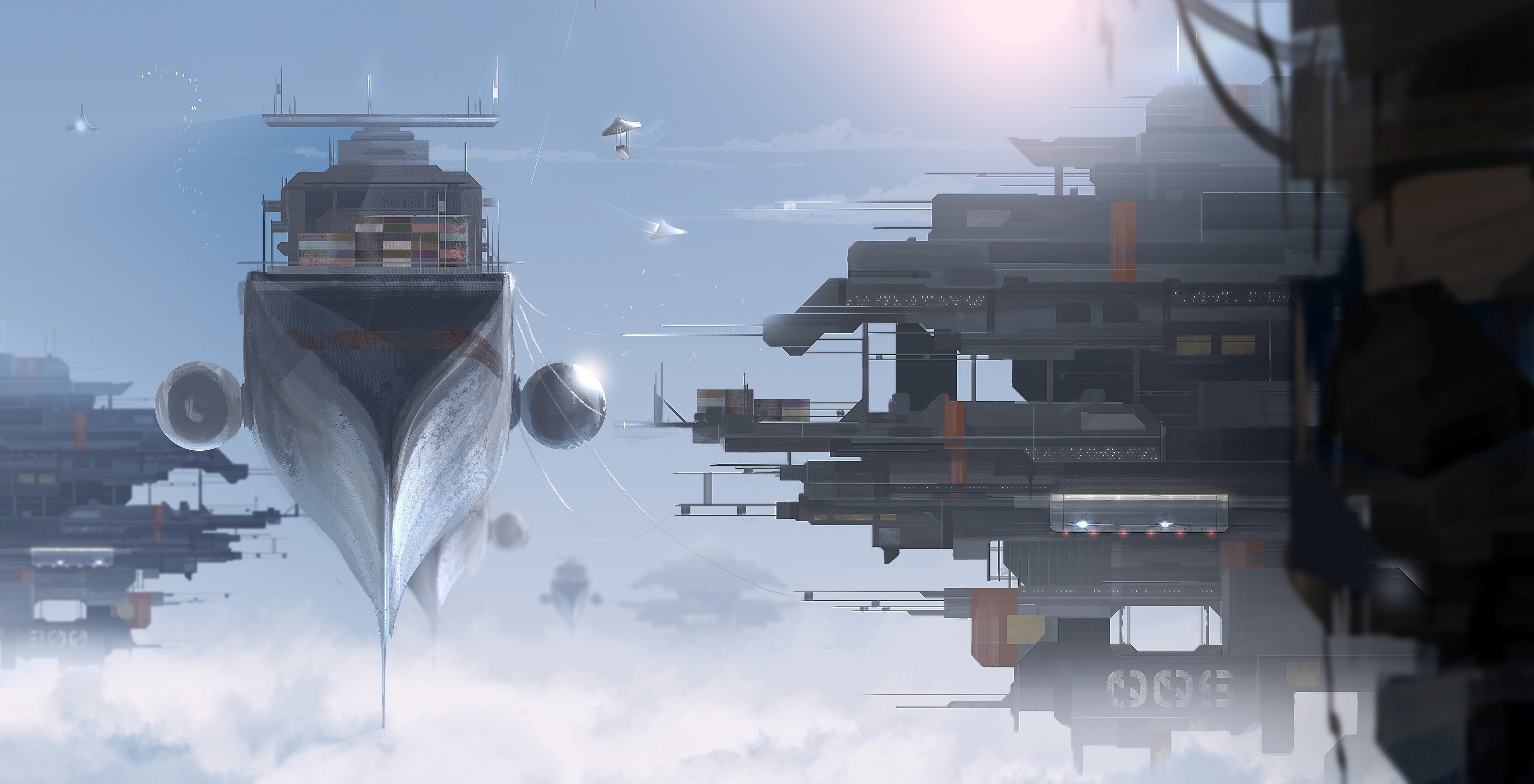 Futuristic airborne city with cargo ship HD Wallpaper