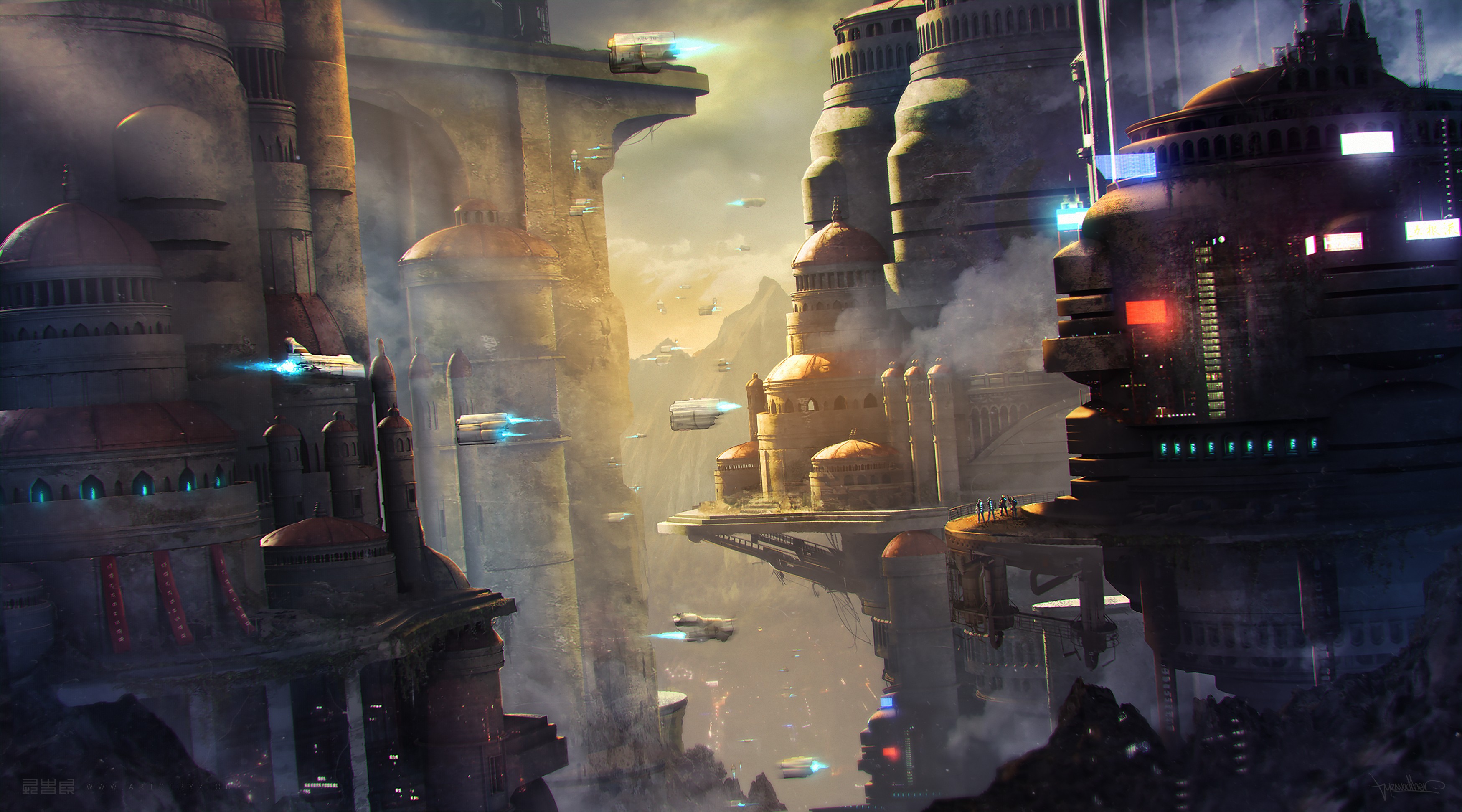 Byzwa Dher science fiction city with flying vehicles HD Wallpaper