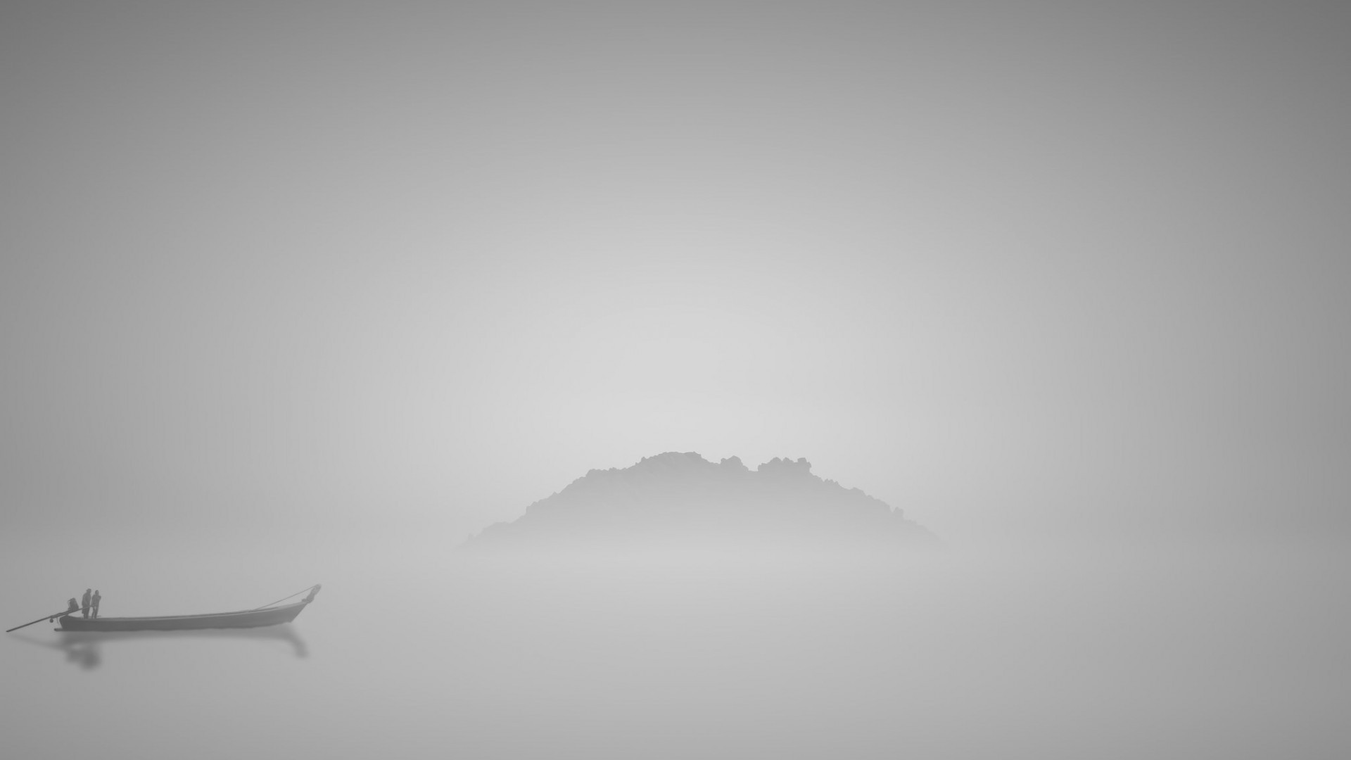 Boat in the mist with island in the background HD Wallpaper