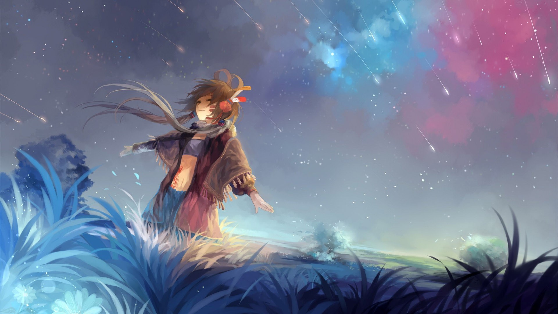 Girl with headphones under a starry sky with shooting stars HD Wallpaper