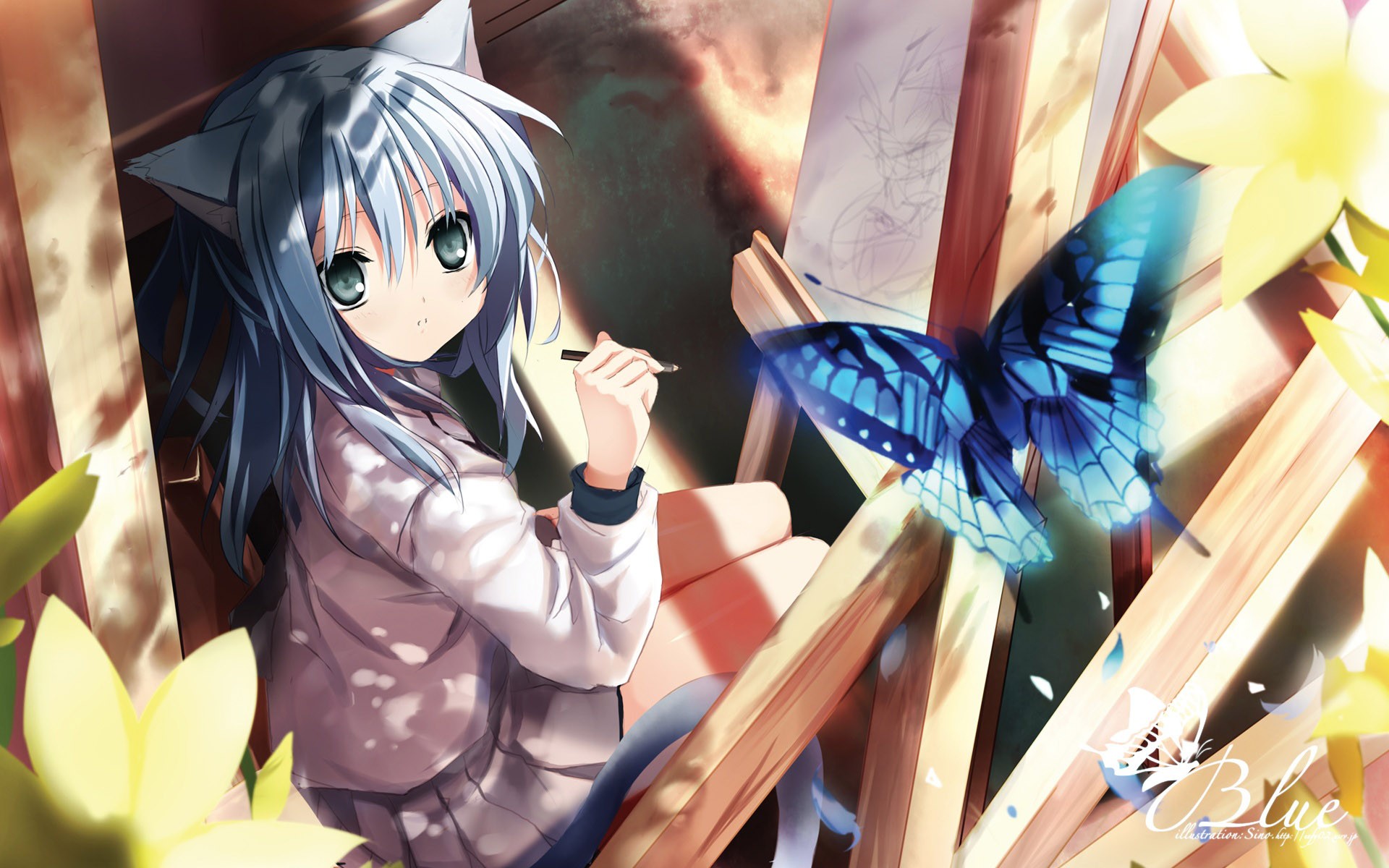 Anime girl with cat ears drawing a butterfly HD Wallpaper