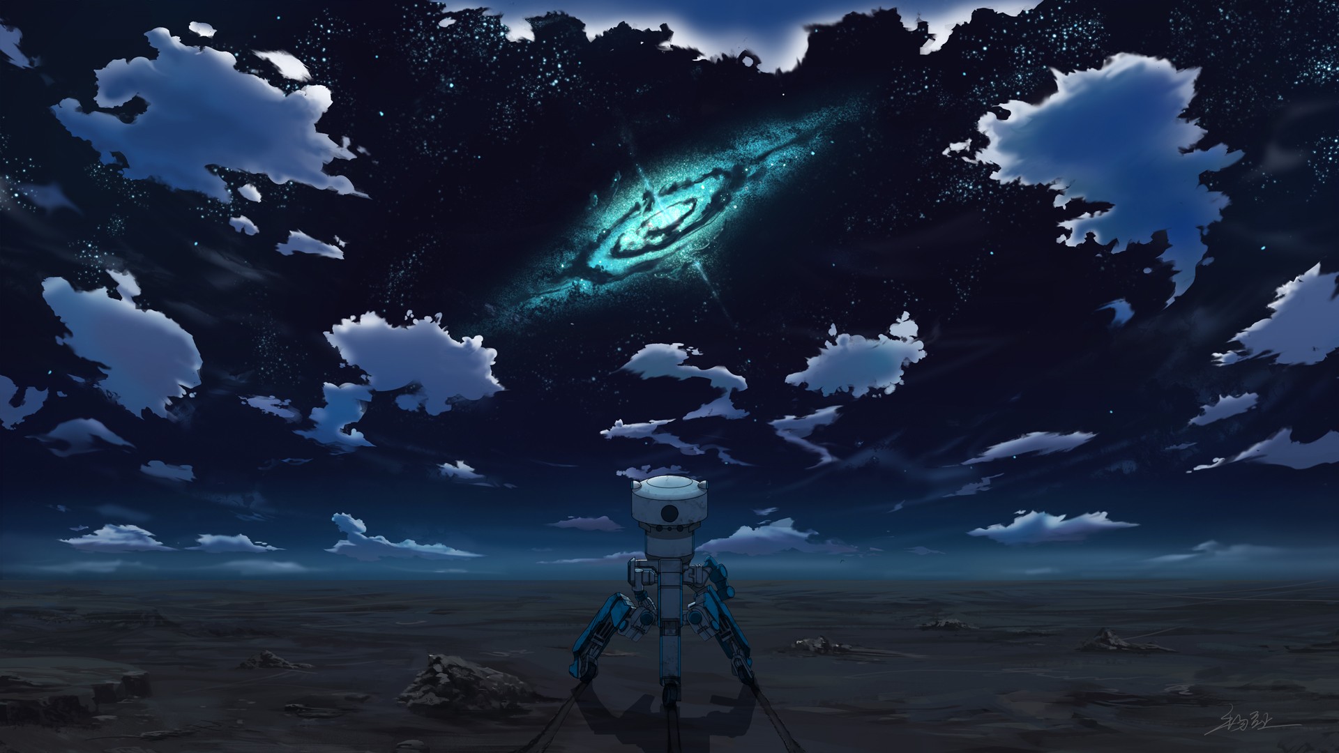 Expelled From Paradise robot under a galaxy HD Wallpaper