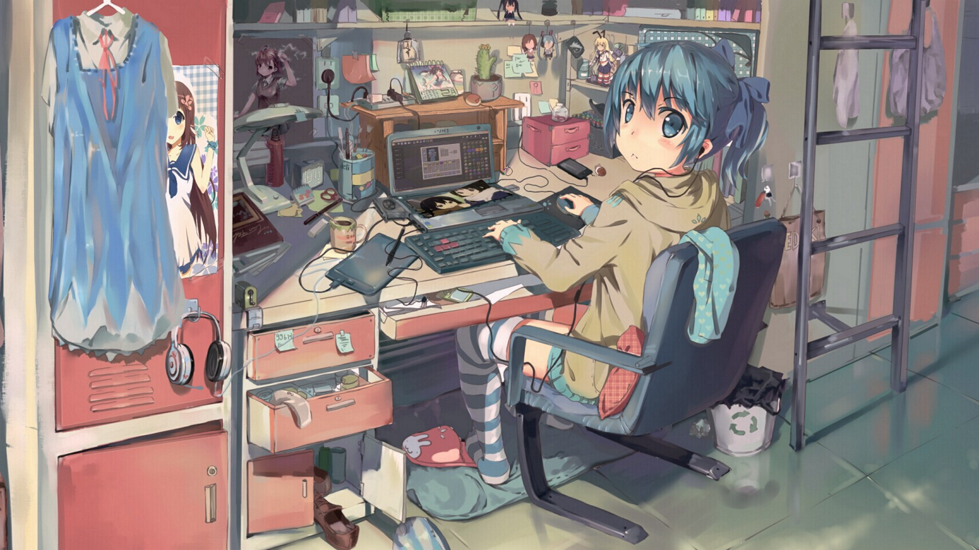Anime girl at a desk with computer and anime posters HD Wallpaper