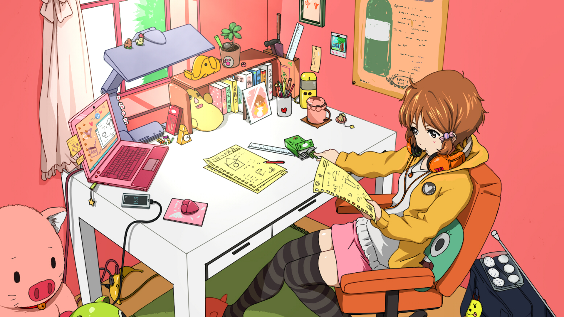 Makino Kanna working at her desk in Tamako Market room HD Wallpaper