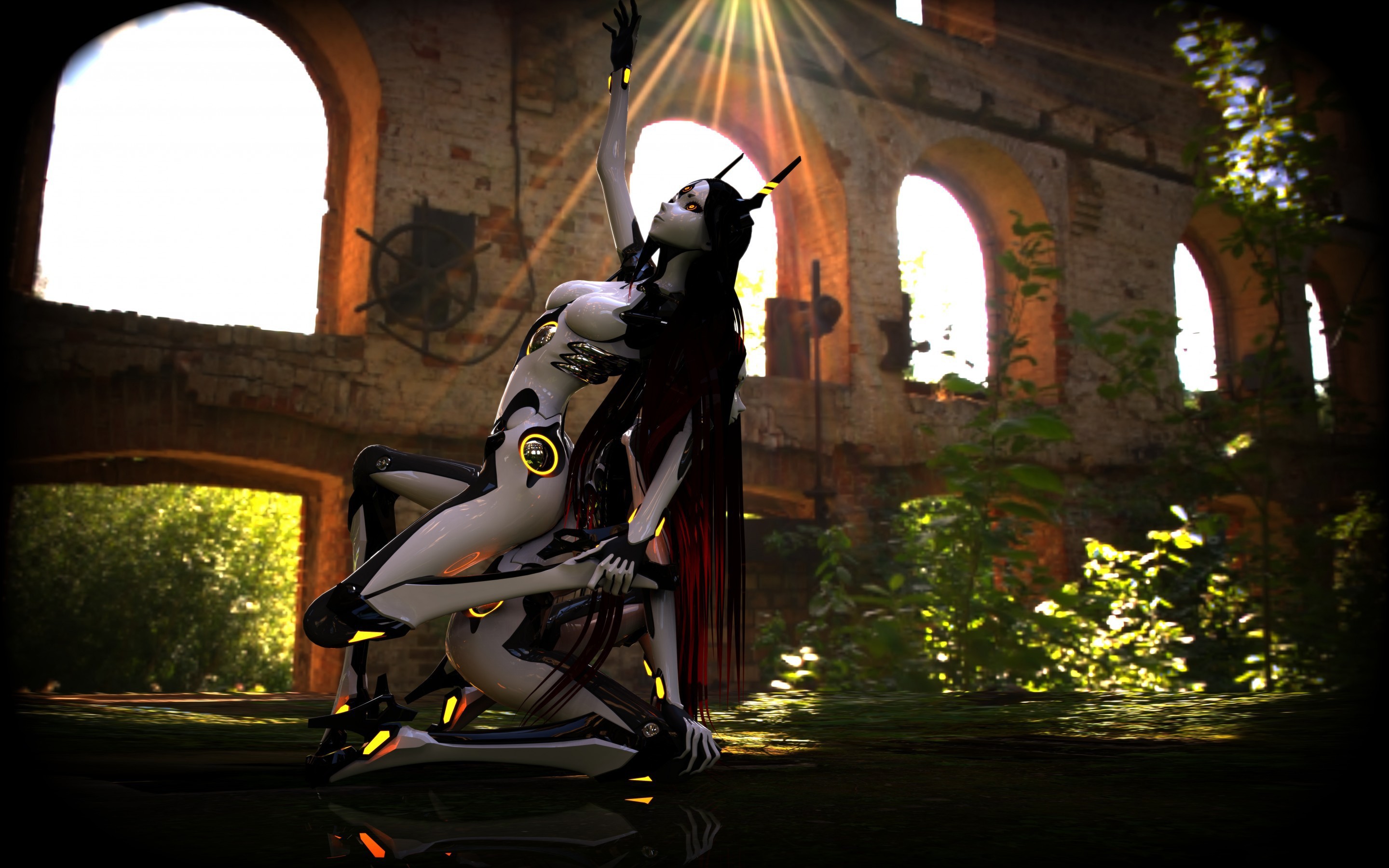 Robot woman in ruined building with sunbeams HD Wallpaper