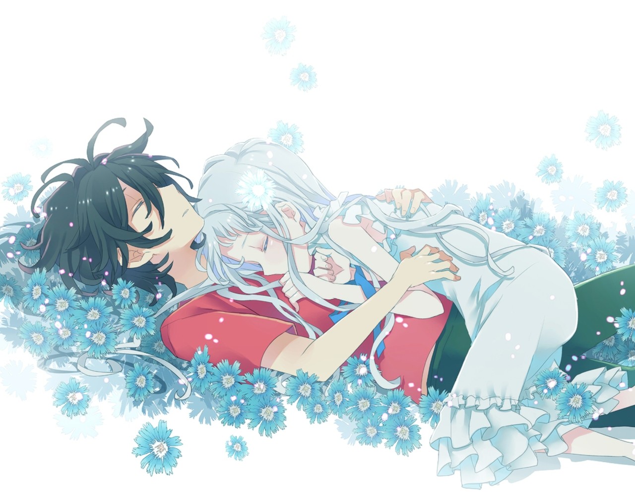 Menma and Jinta from Anohana lying in flowers HD Wallpaper