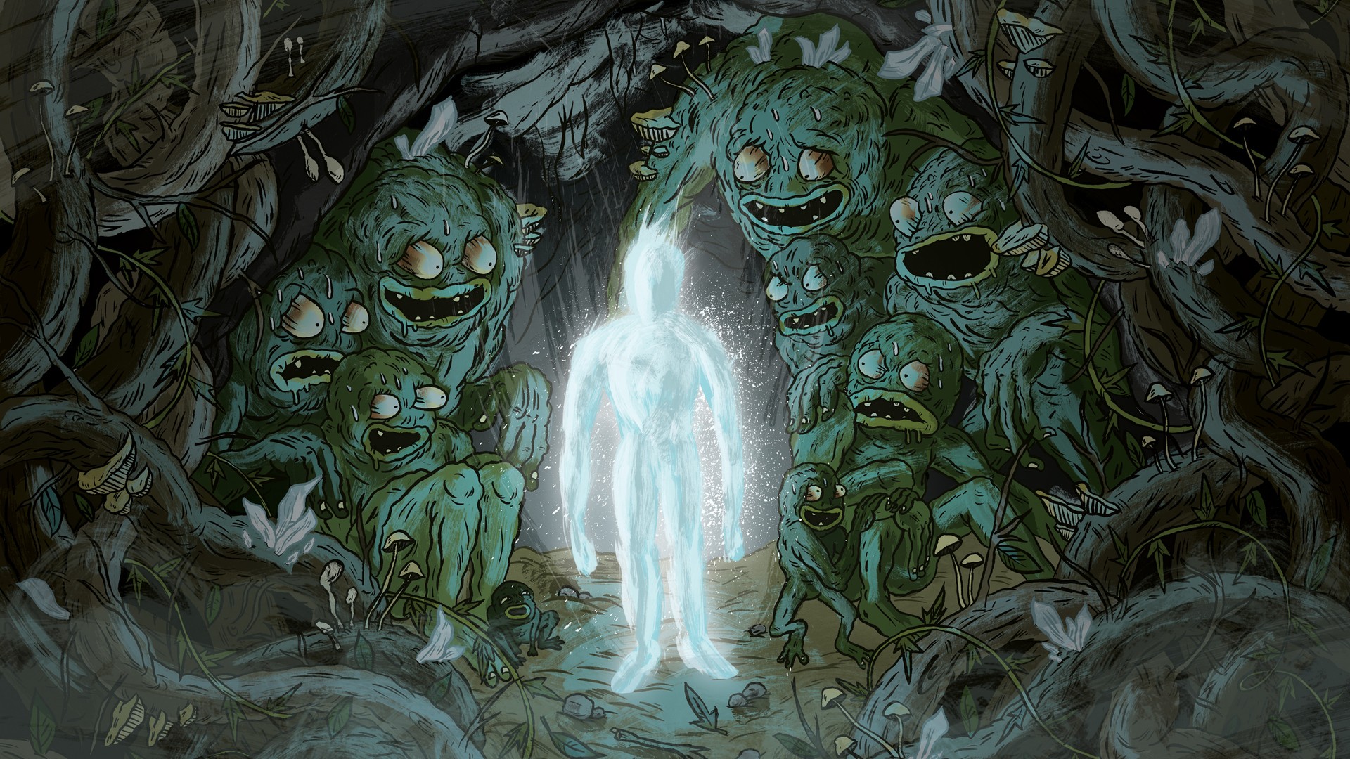 Glowing figure surrounded by mossy creatures in a forest HD Wallpaper