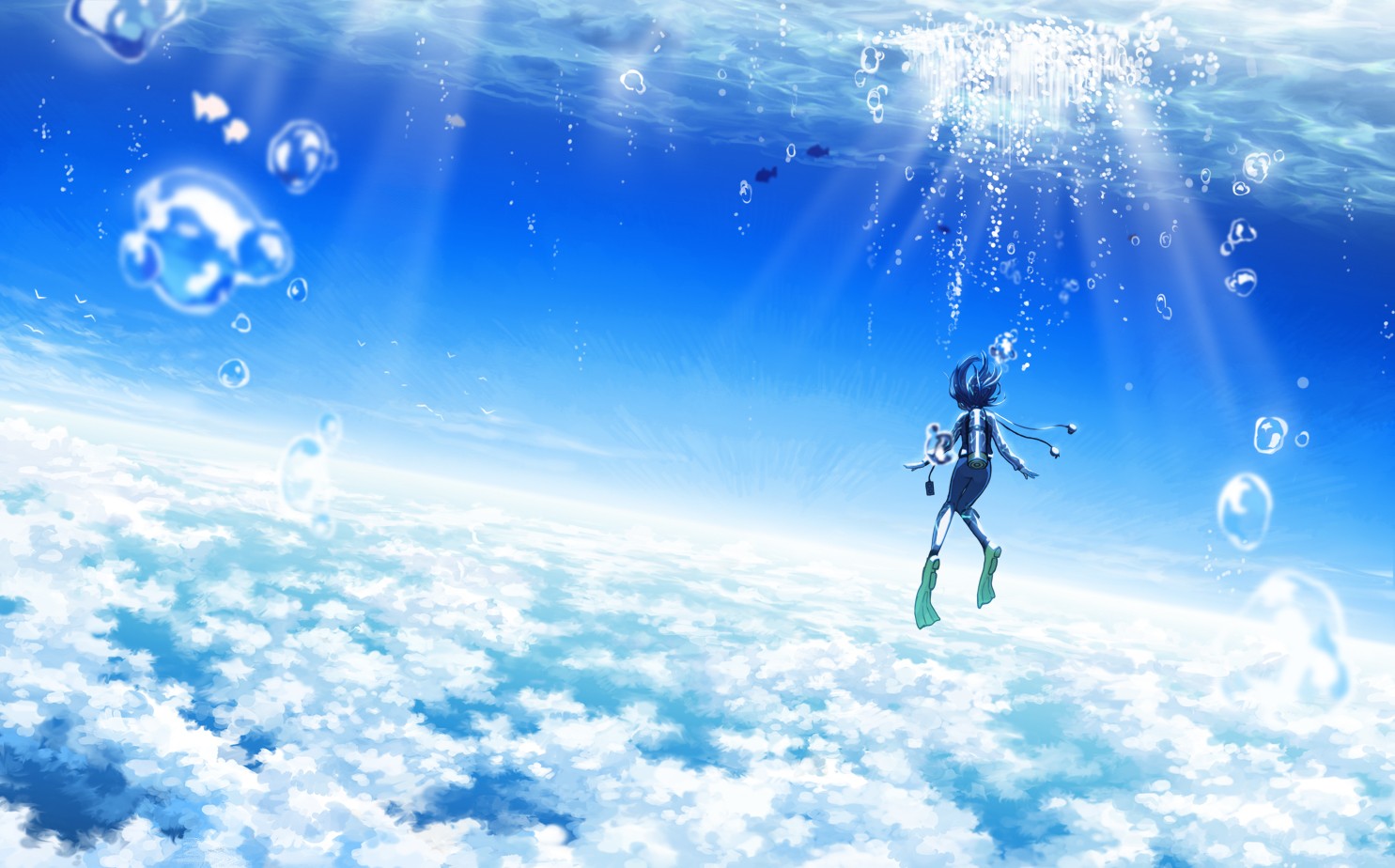 Scuba diver swimming underwater above clouds HD Wallpaper
