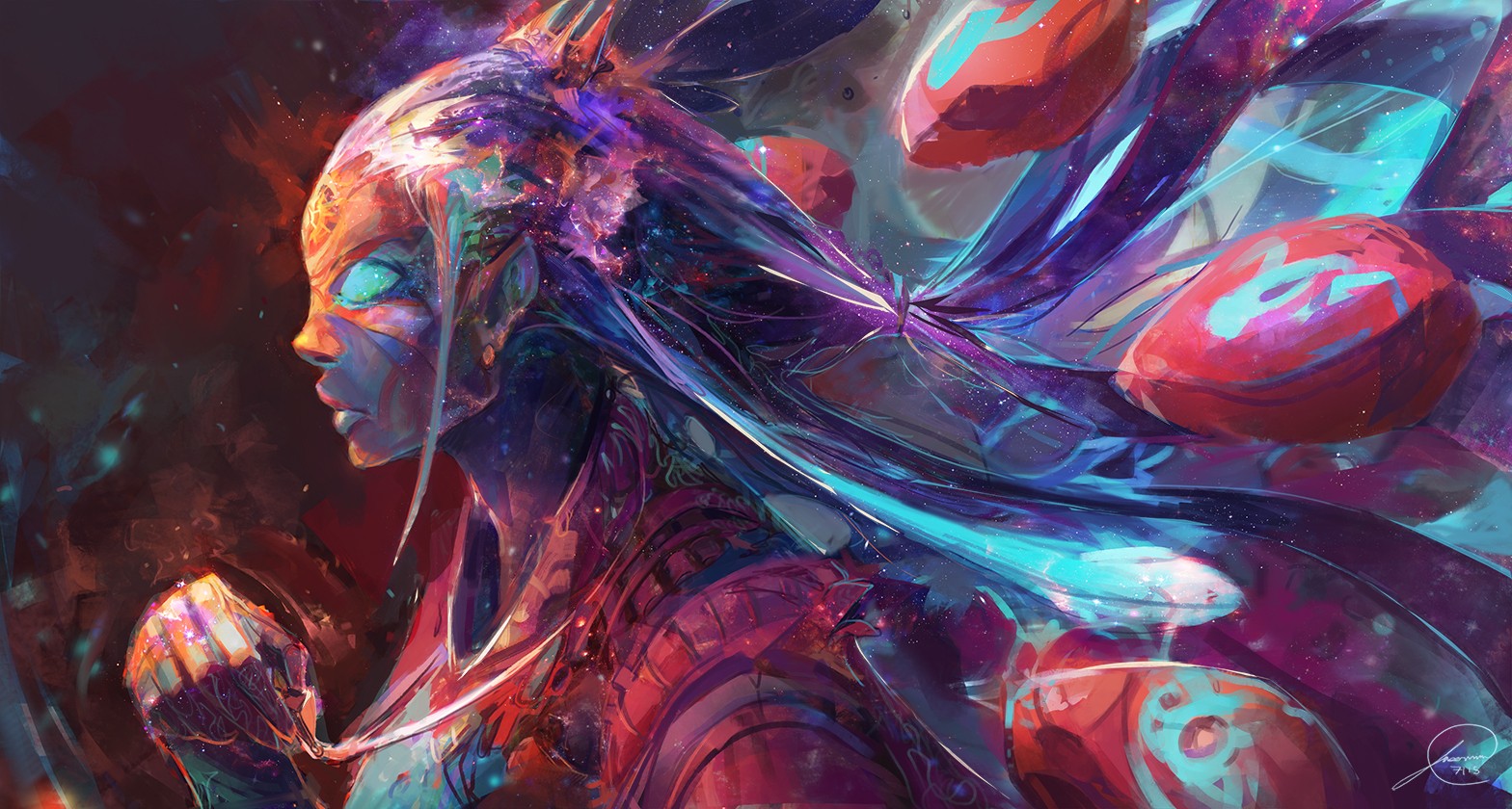Cosmic Woman with Flowing Hair and Orbs HD Wallpaper