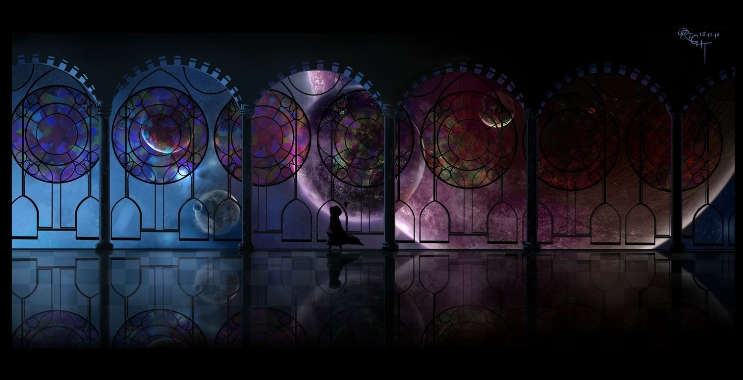 A figure stands in a room with stained glass windows showing planets HD Wallpaper