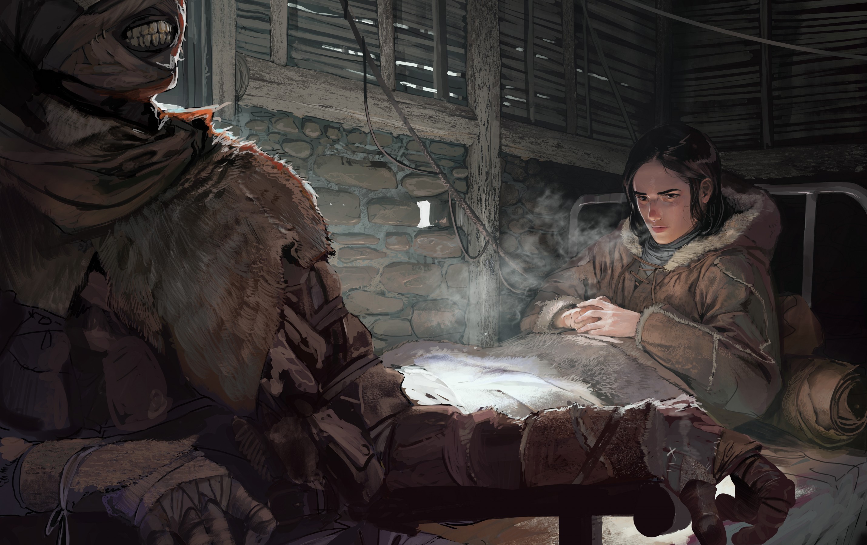 Mummy-like figure and a girl in a barn HD Wallpaper