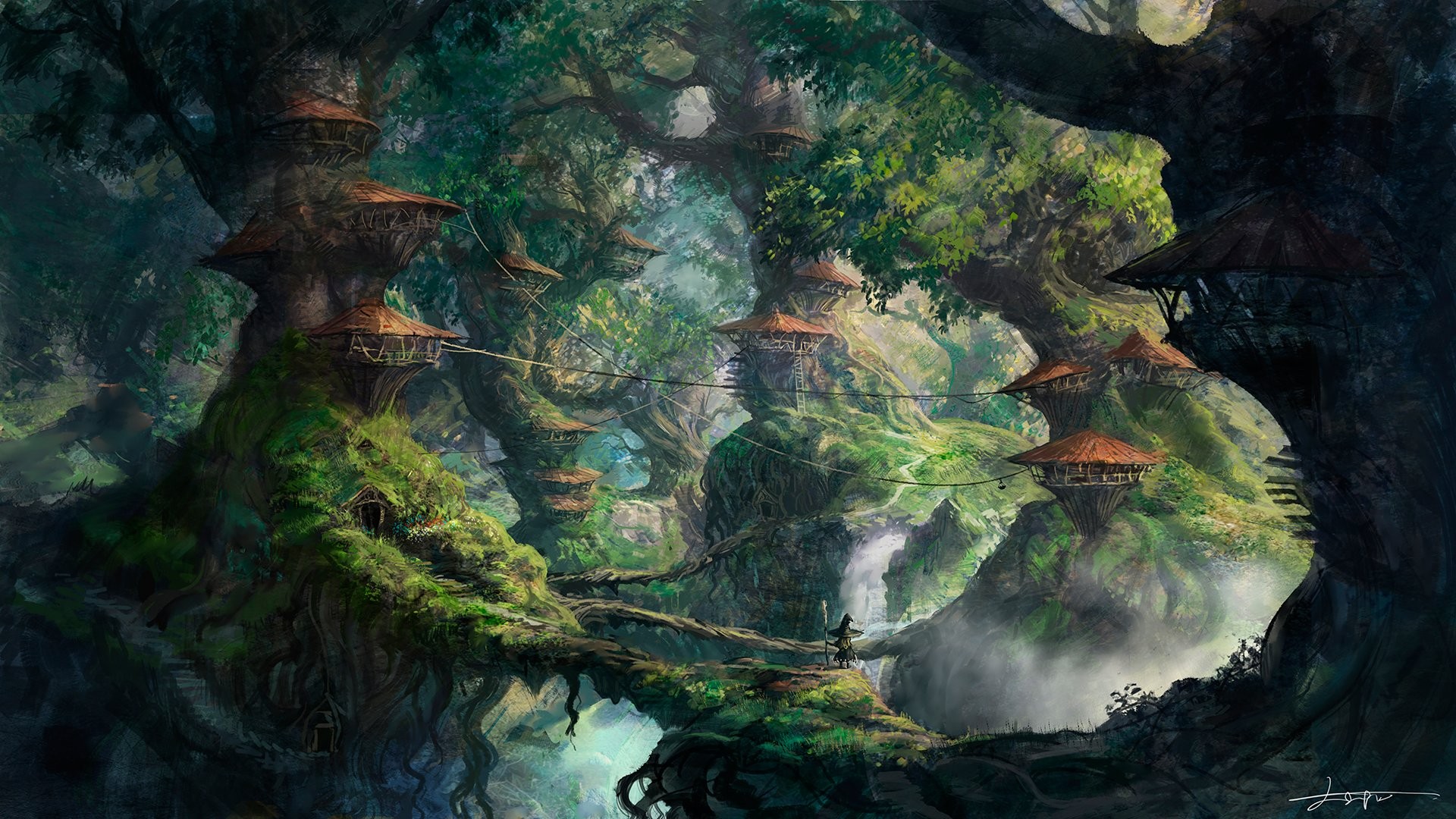 Fantasy forest village with treehouses and a waterfall HD Wallpaper