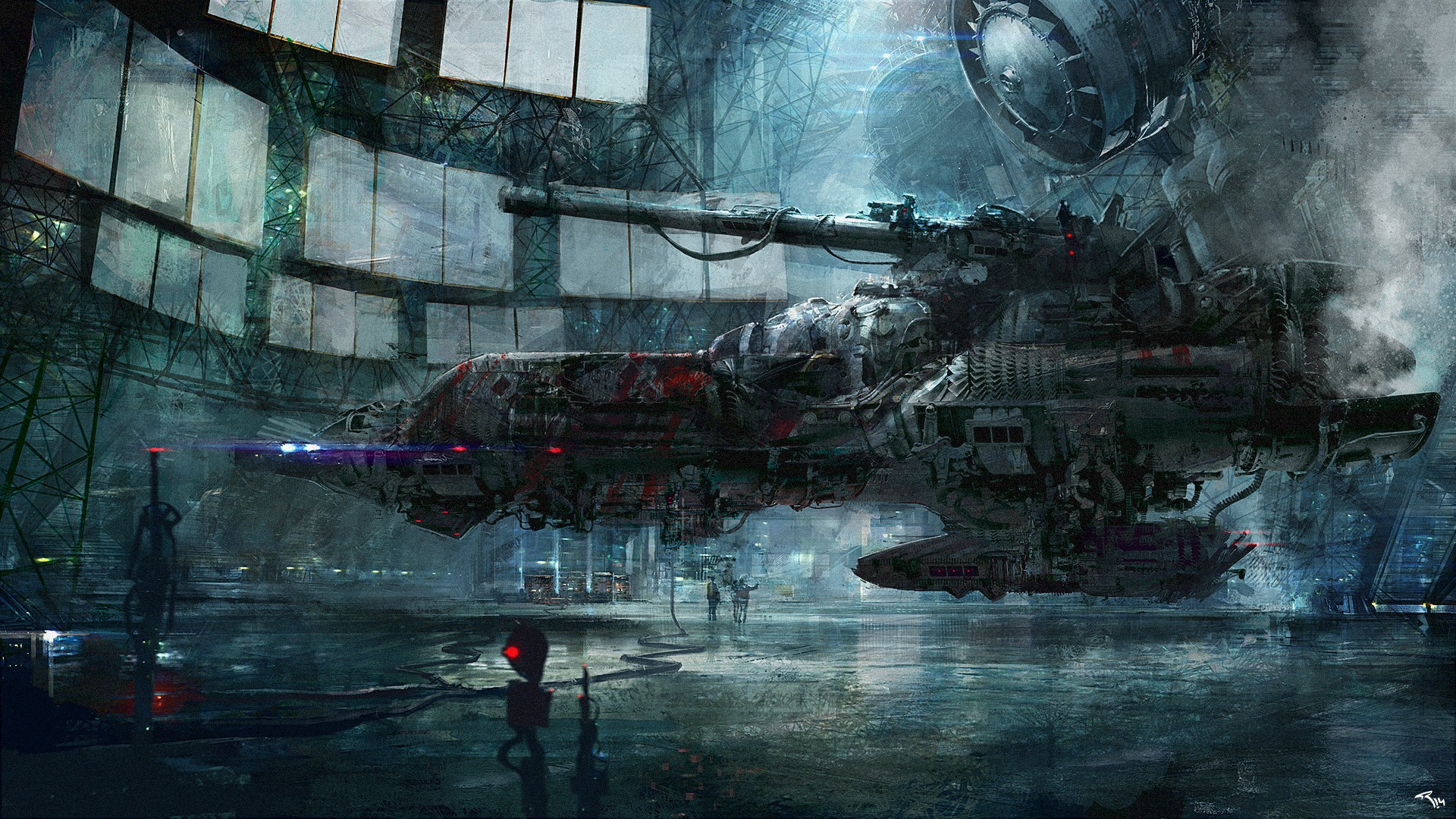 Futuristic spaceship in a hangar HD Wallpaper