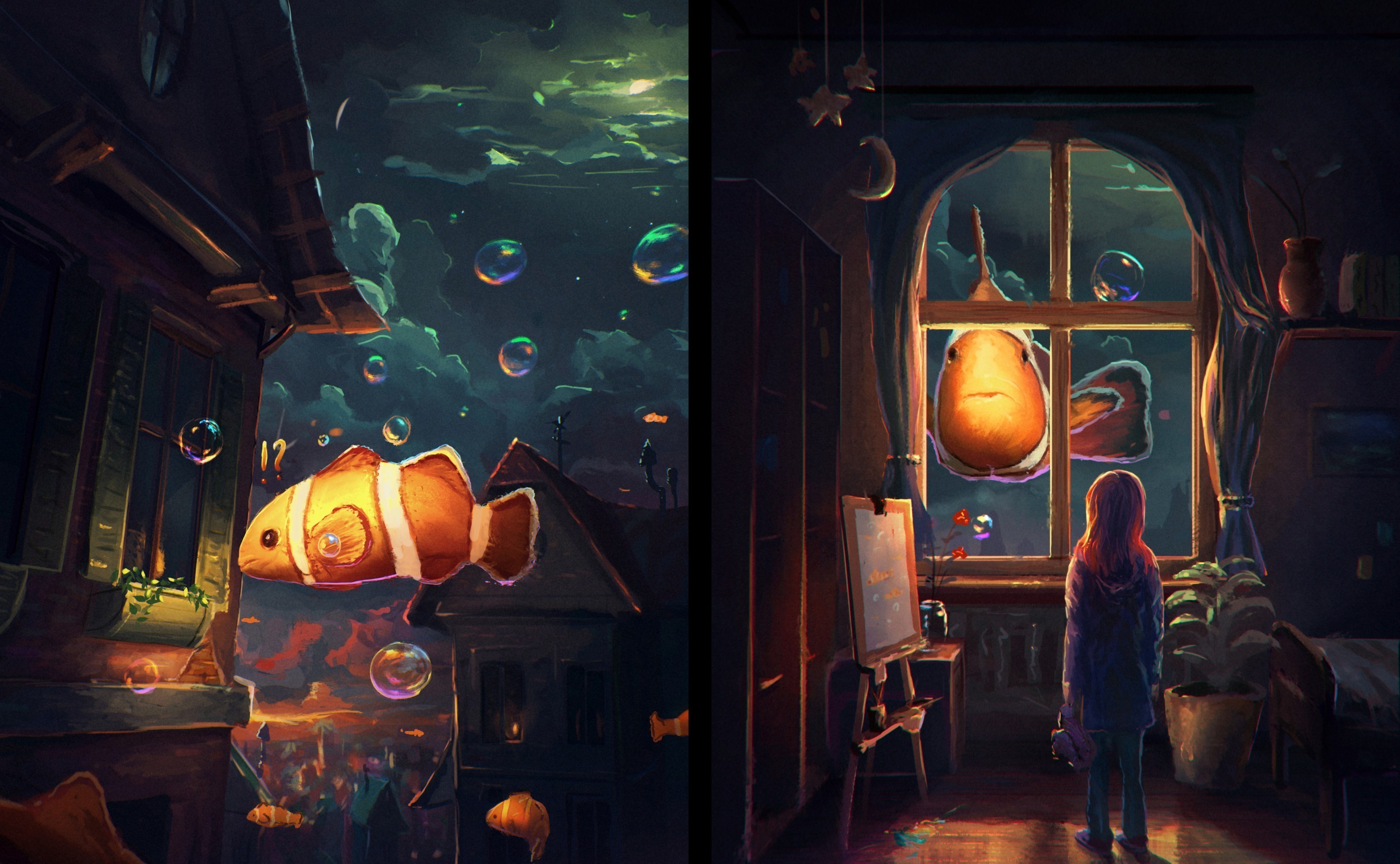 Clownfish and bubbles in a surreal fantasy landscape HD Wallpaper
