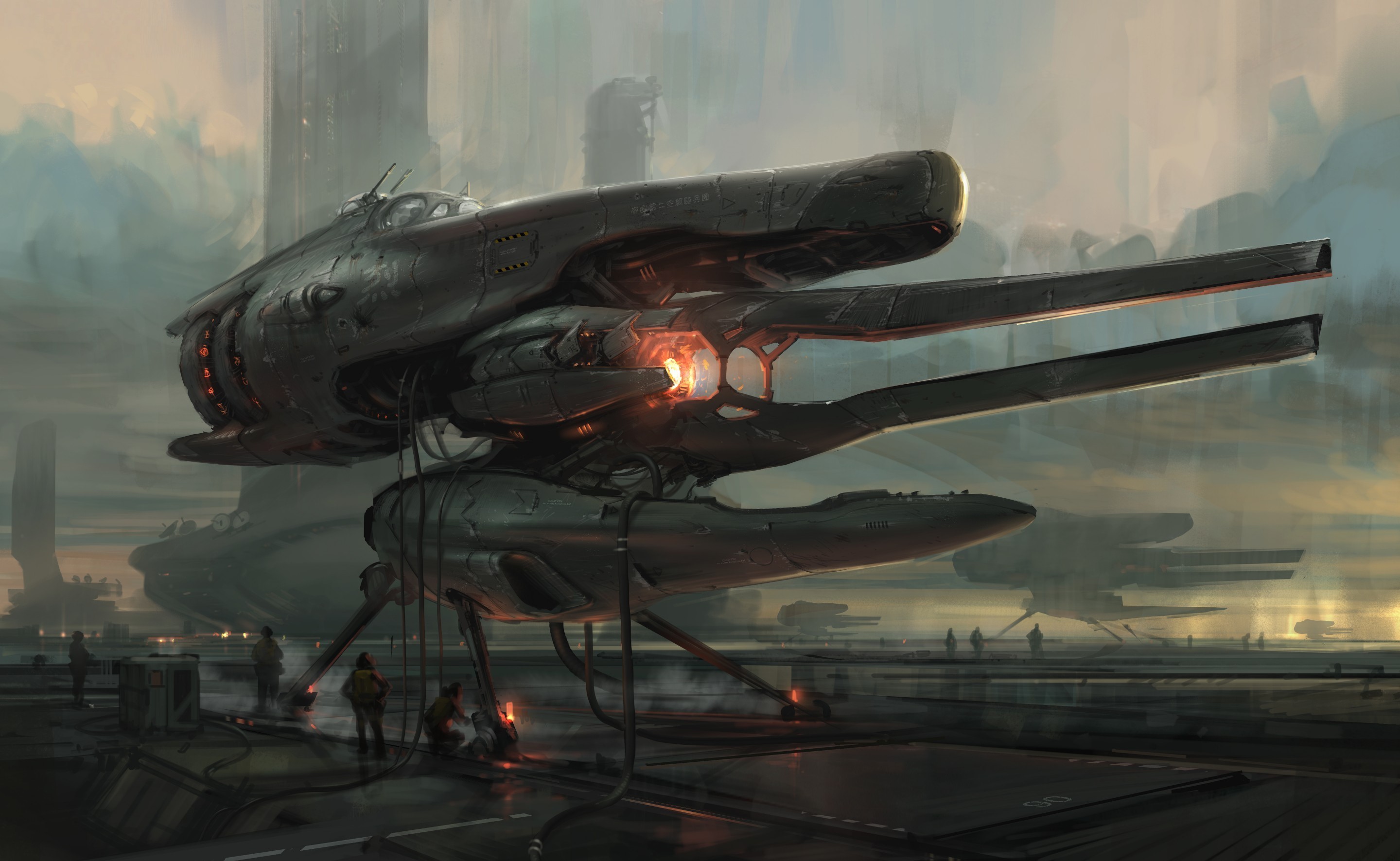Futuristic artwork of a large mechanical craft HD Wallpaper