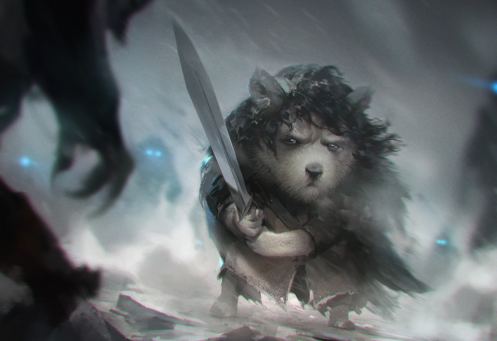 Fantasy art of a dog-like creature with a sword HD Wallpaper