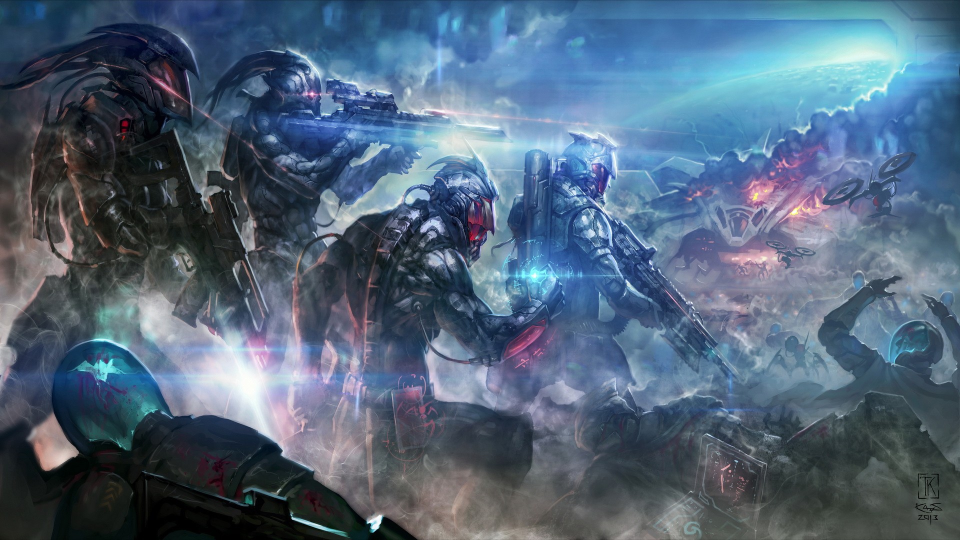 Futuristic soldiers in a digital art war scene HD Wallpaper
