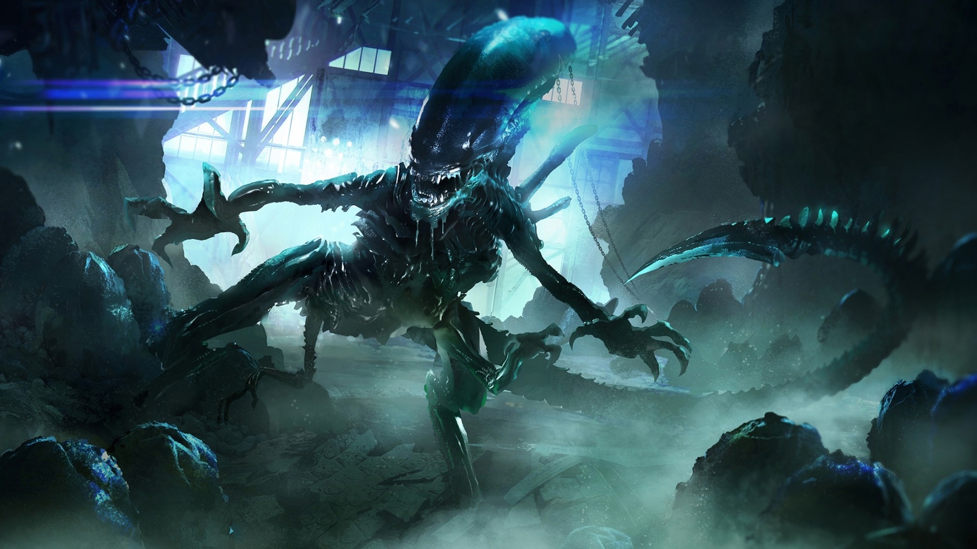Alien creature in a dark, misty environment HD Wallpaper