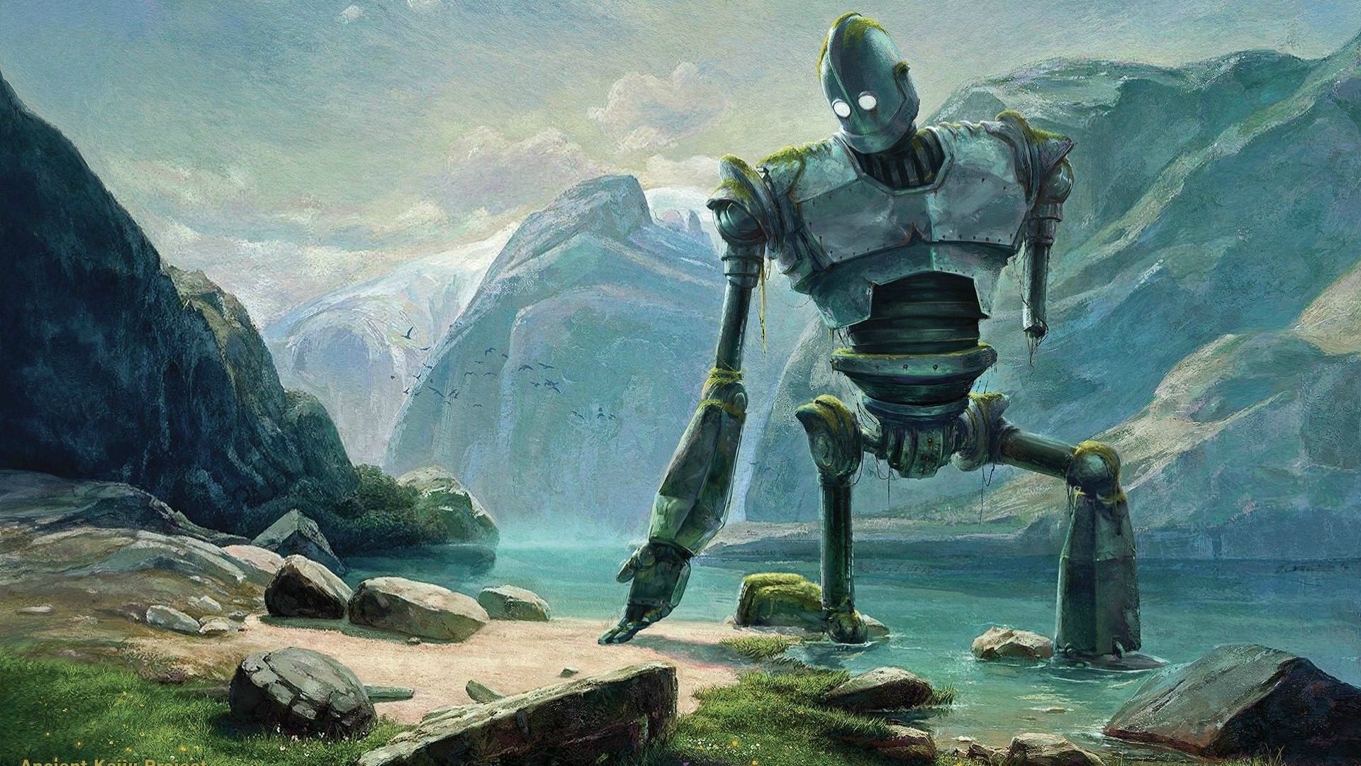 The Iron Giant in a Mountain Landscape HD Wallpaper