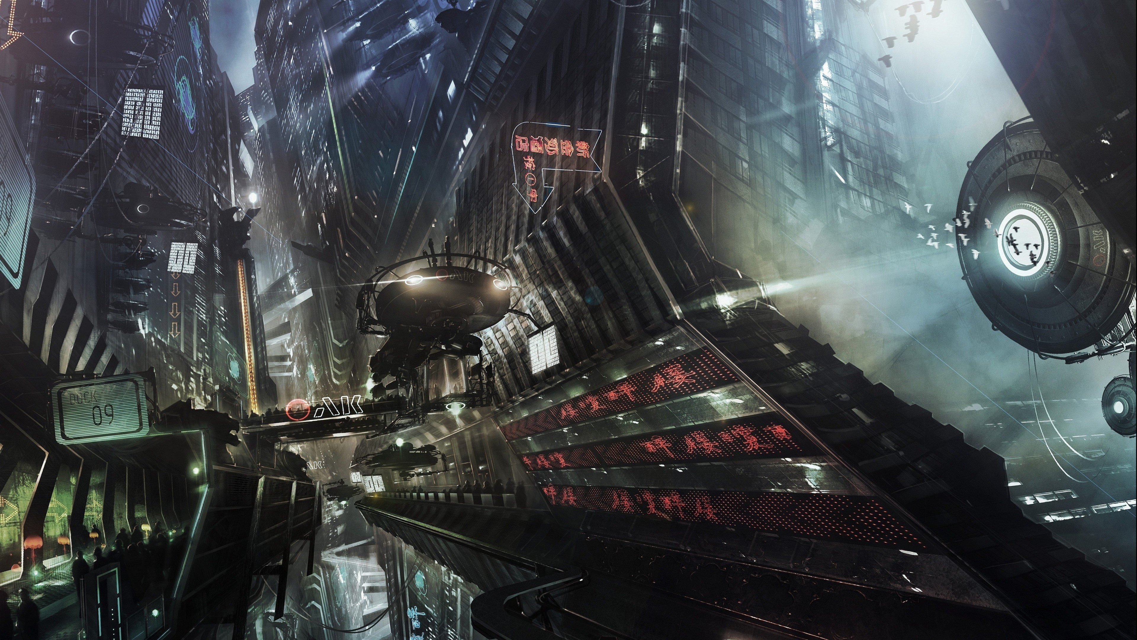 Futuristic cyberpunk city with flying vehicles HD Wallpaper