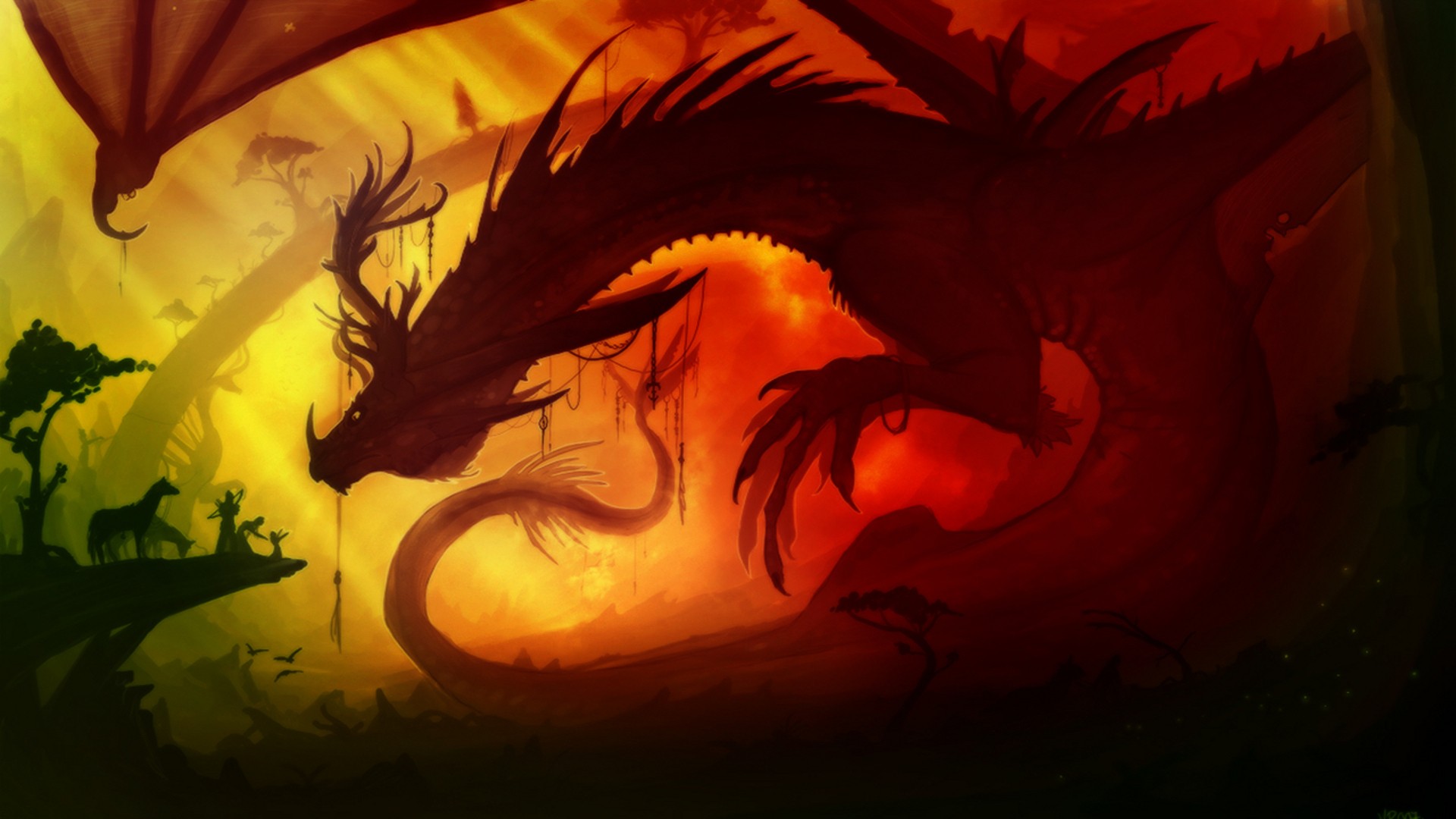 A large red dragon looms over small figures HD Wallpaper