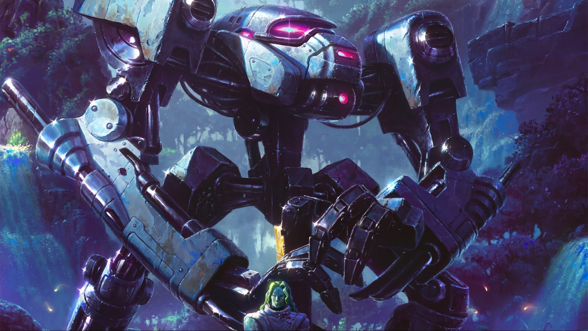 Robot and man in a mystical forest HD Wallpaper