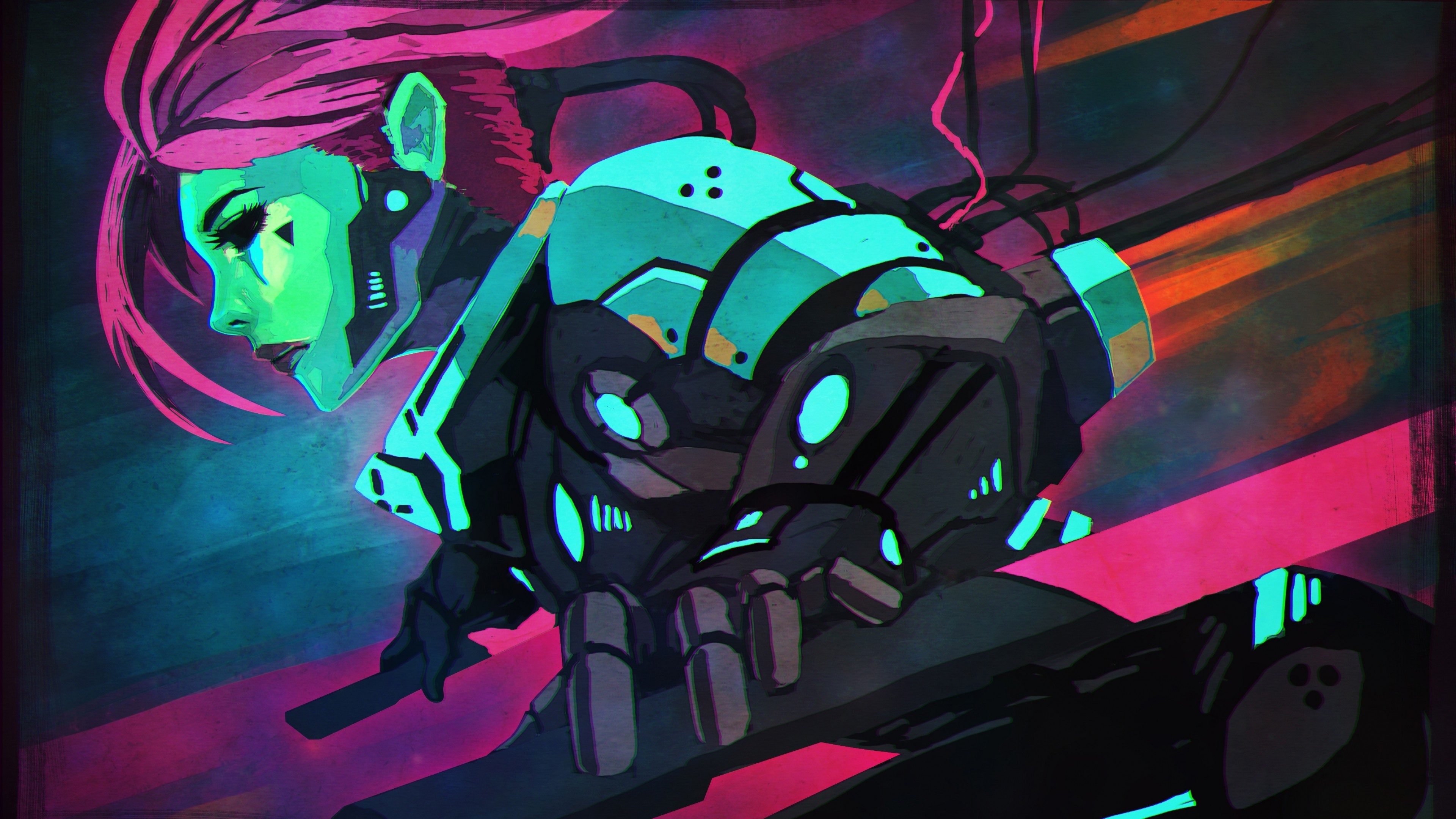 Cyberpunk warrior with pink hair and neon armor HD Wallpaper