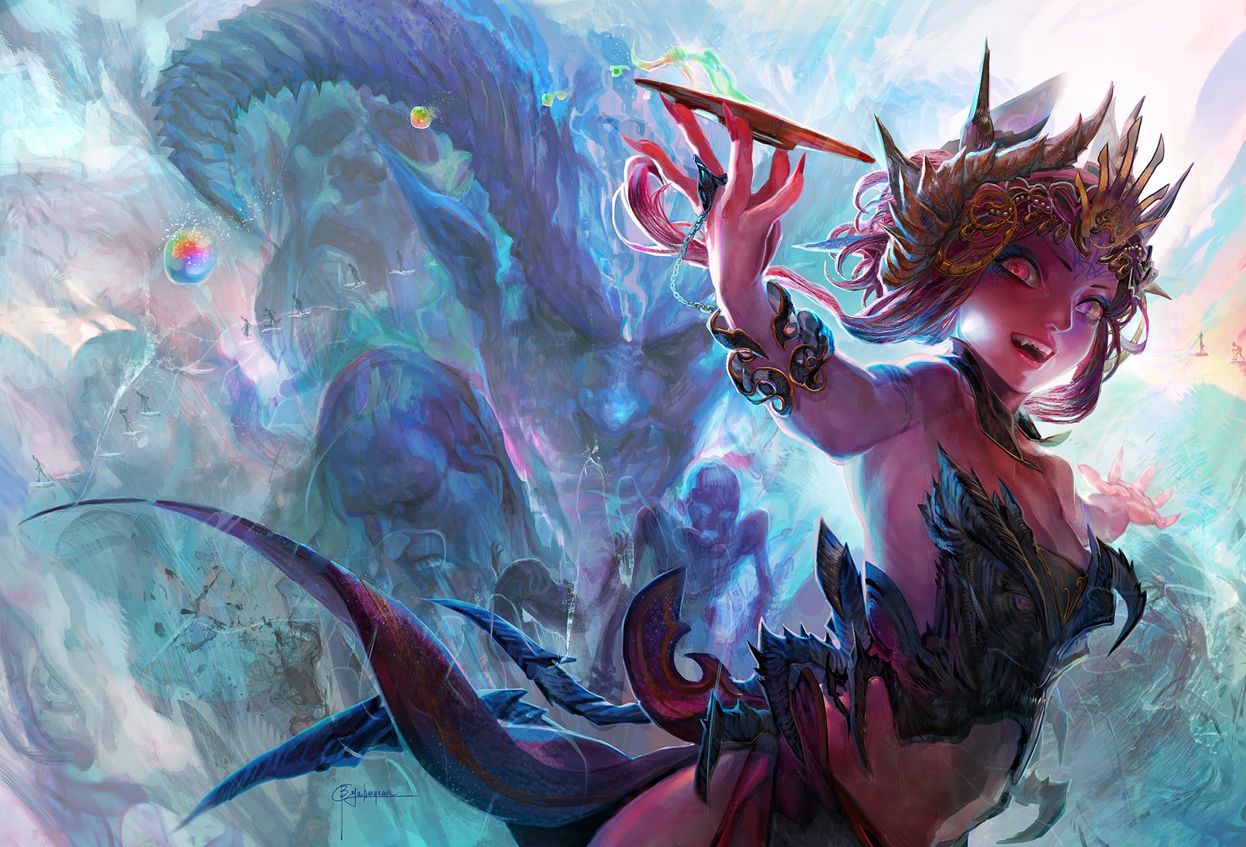 Fantasy art of a woman painting a mystical scene HD Wallpaper