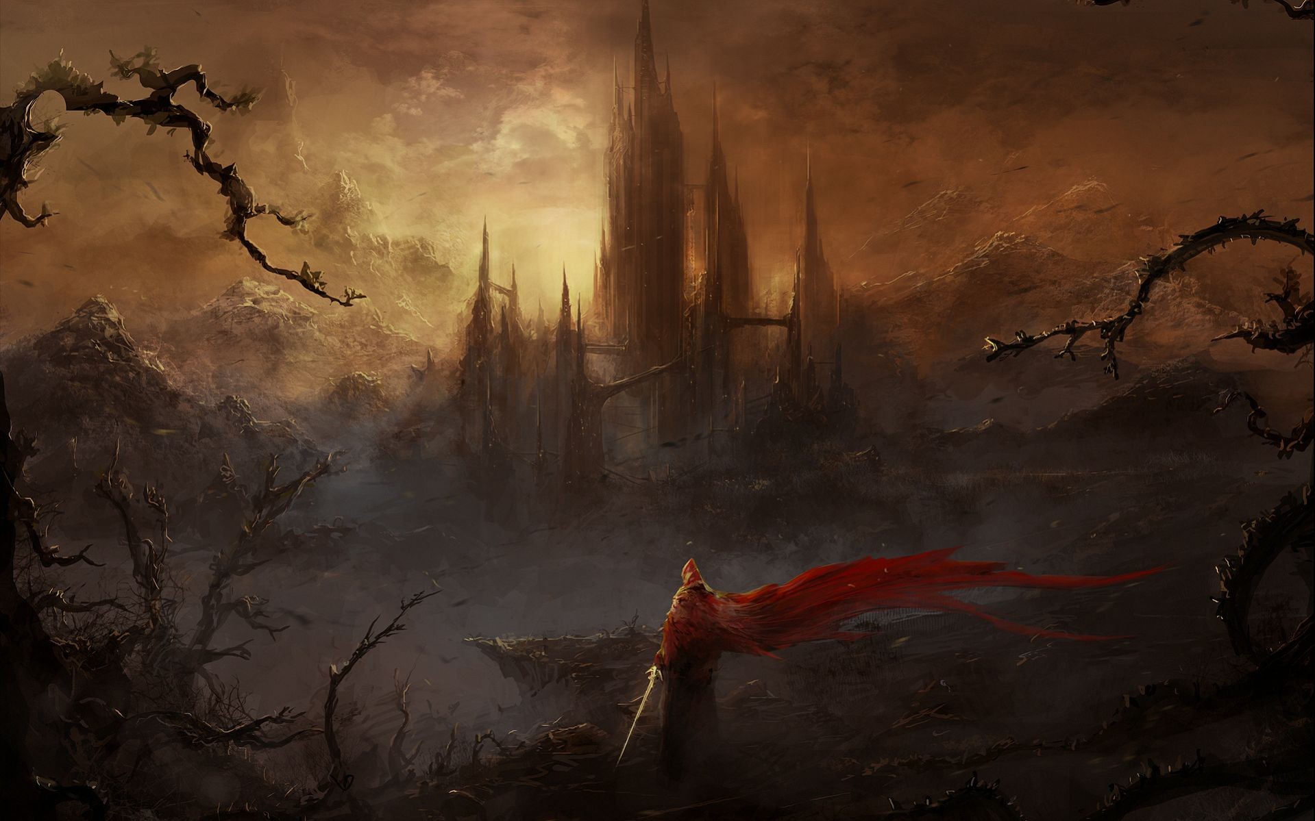 Fantasy castle with a warrior in red cape HD Wallpaper