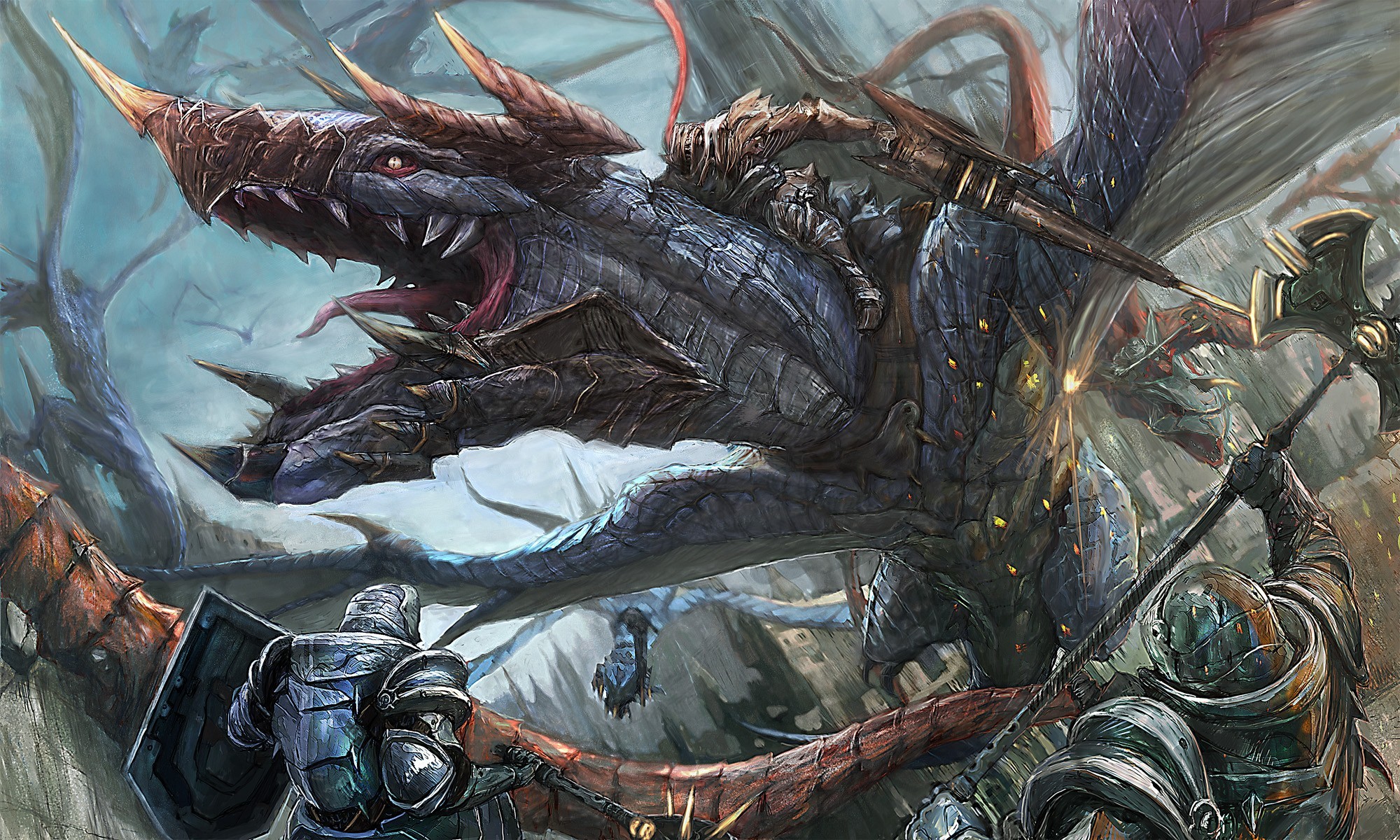 Knights fighting a dragon in fantasy art HD Wallpaper