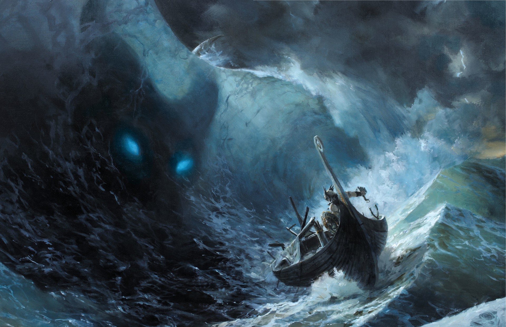 Giant sea monster with glowing eyes attacks a Viking ship HD Wallpaper