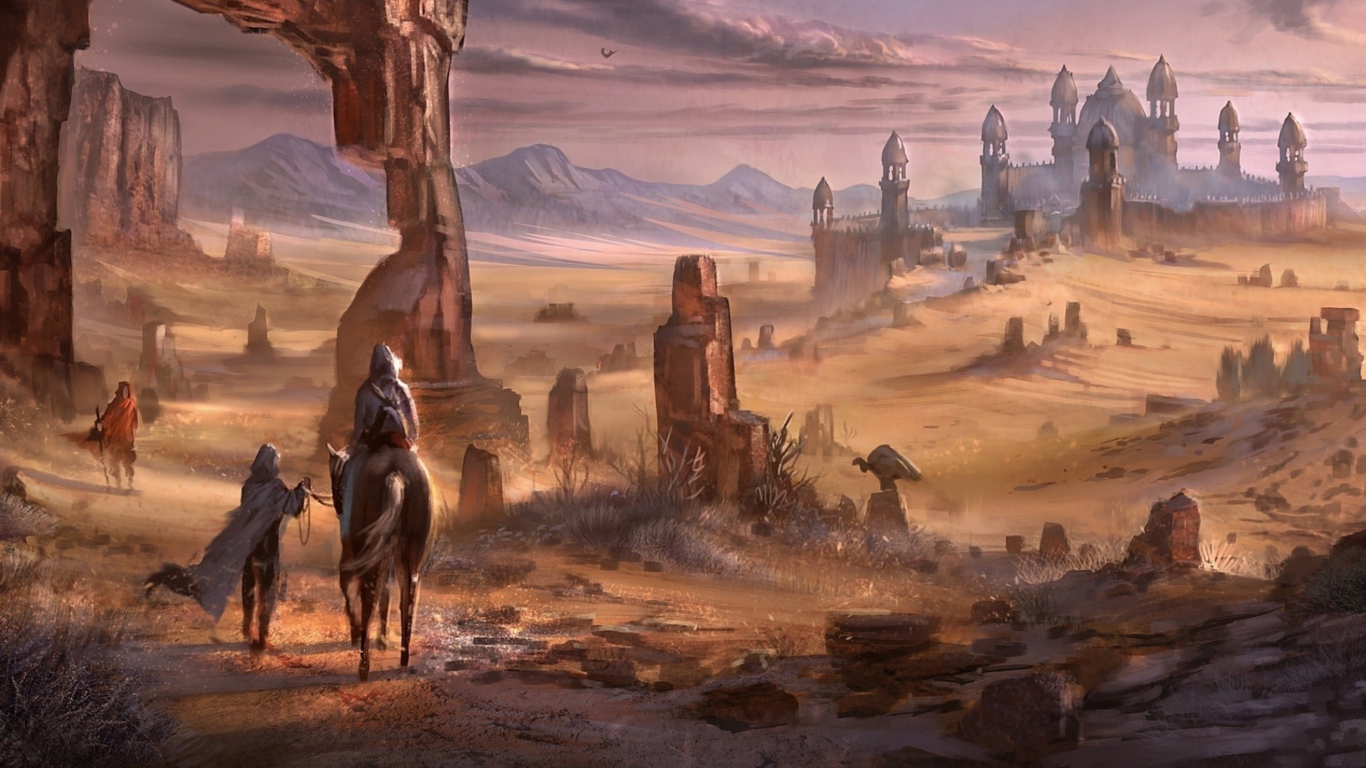 Fantasy desert landscape with travelers and a castle HD Wallpaper
