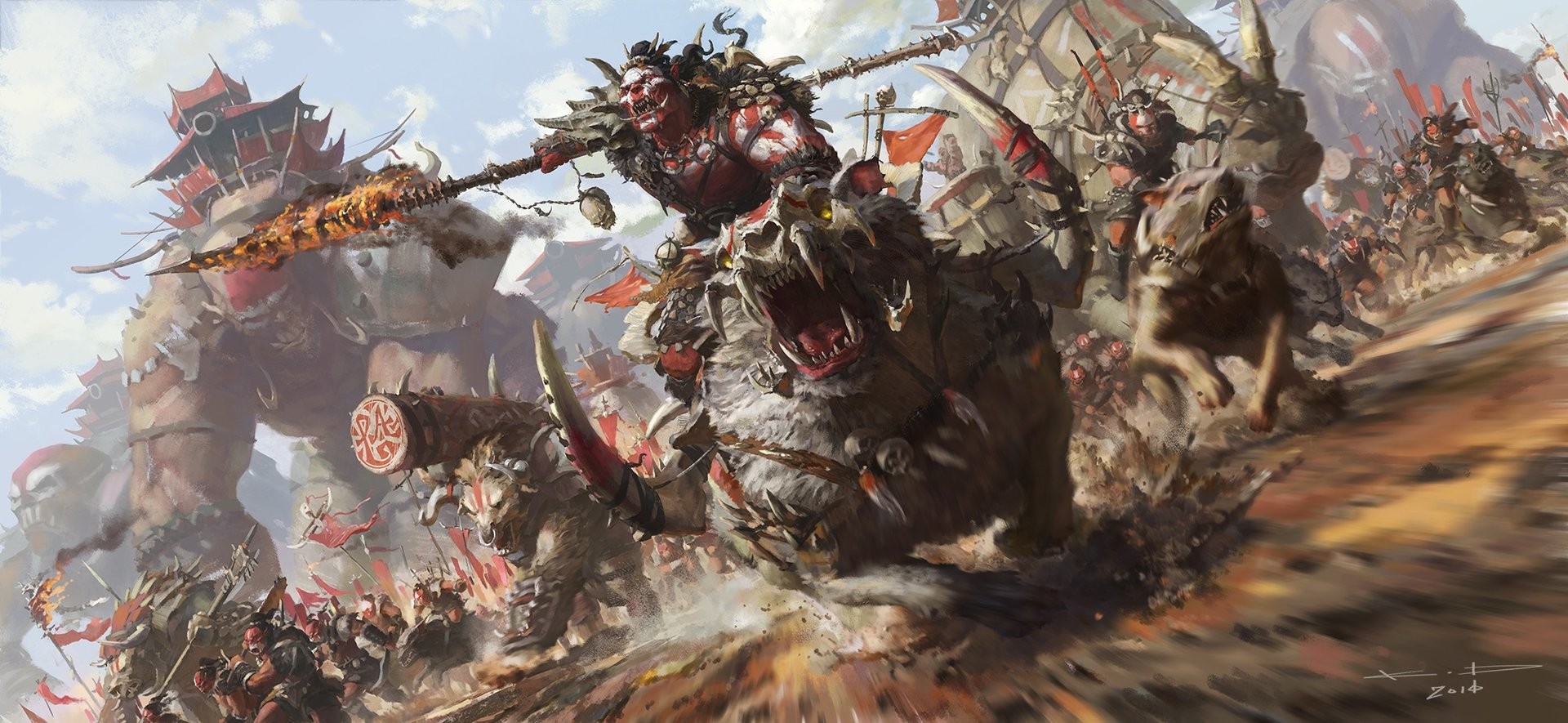 World of Warcraft Orcs and Giants in Battle HD Wallpaper