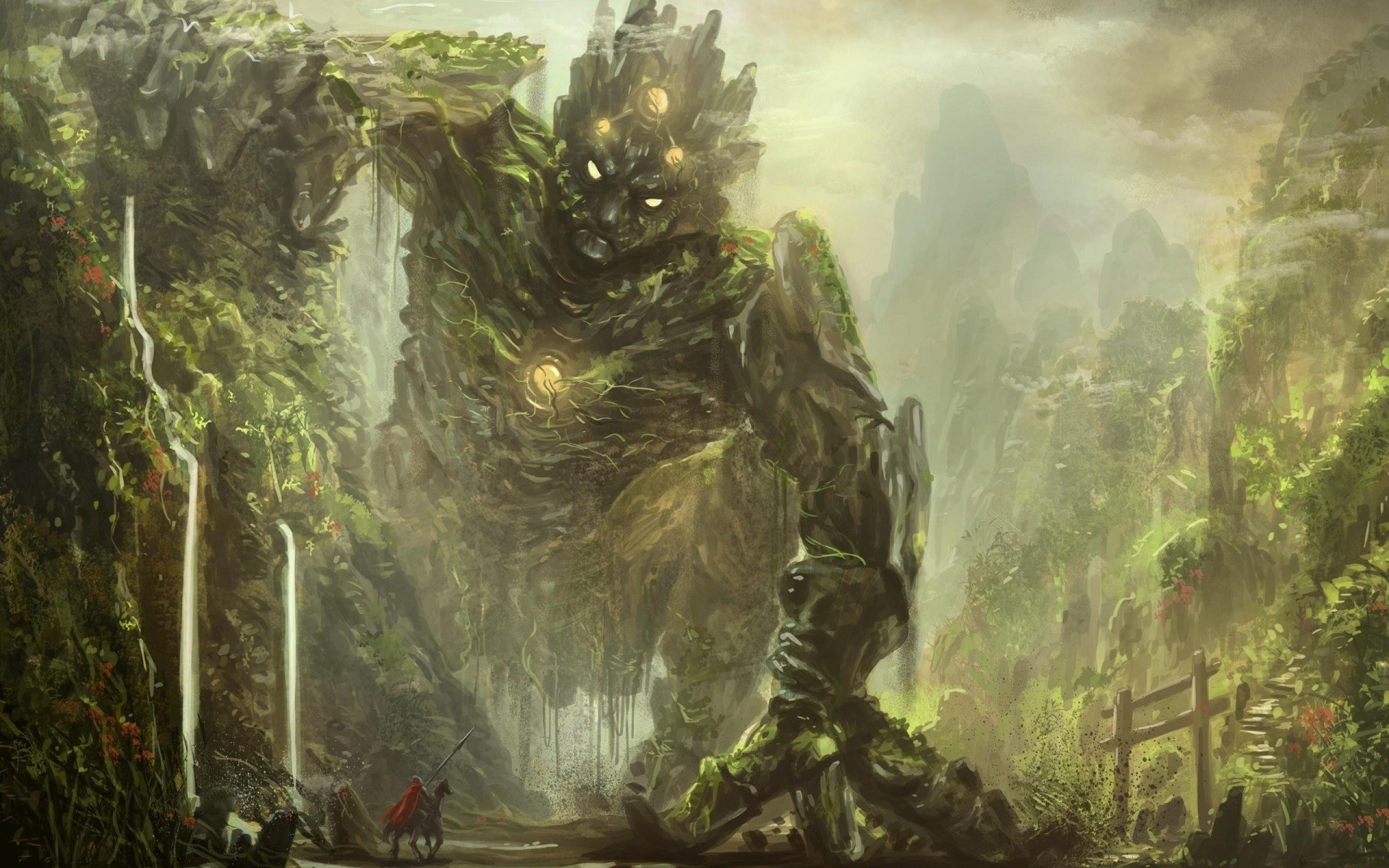 Giant moss-covered stone golem in a misty mountain landscape HD Wallpaper