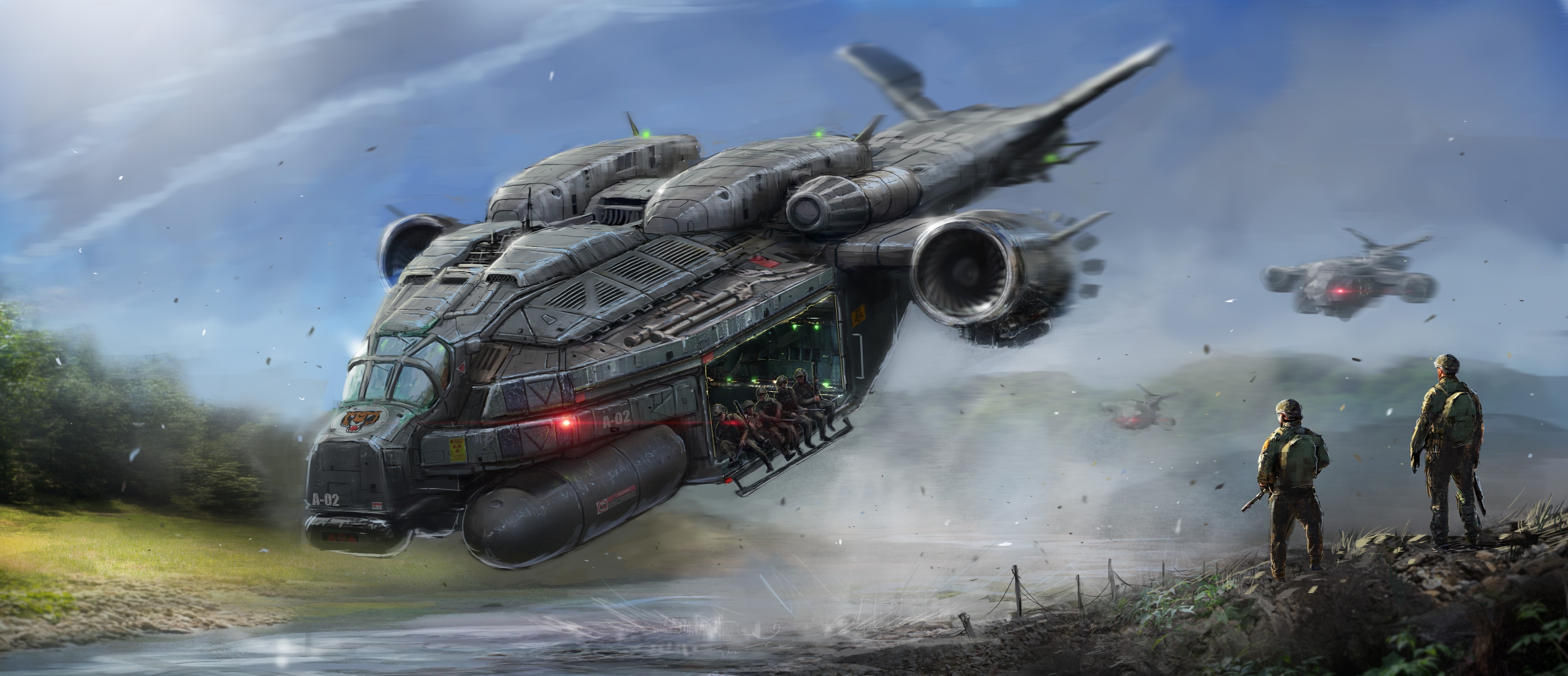 Futuristic military transport aircraft and soldiers HD Wallpaper