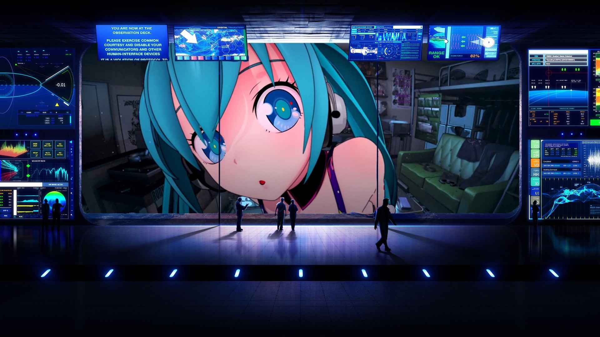 Hatsune Miku on a giant screen in a futuristic control room HD Wallpaper