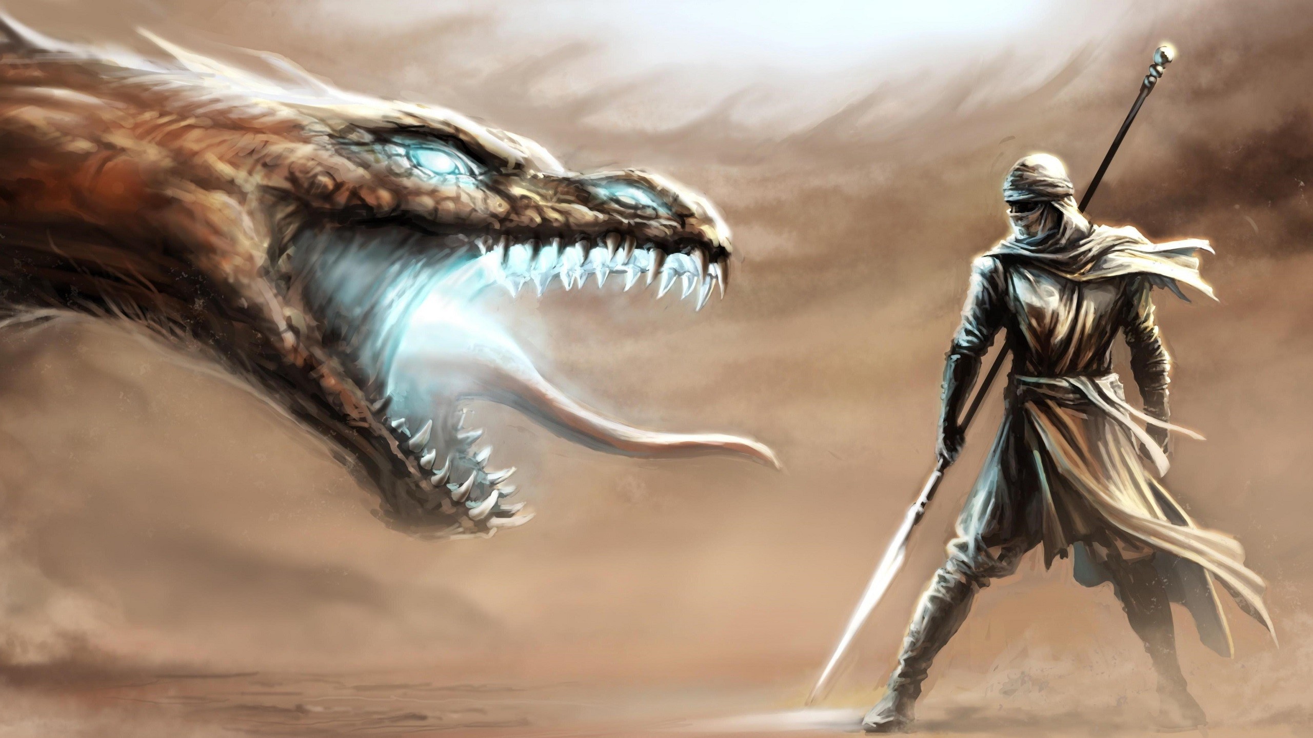 Dragon breathing fire at a warrior in the desert HD Wallpaper