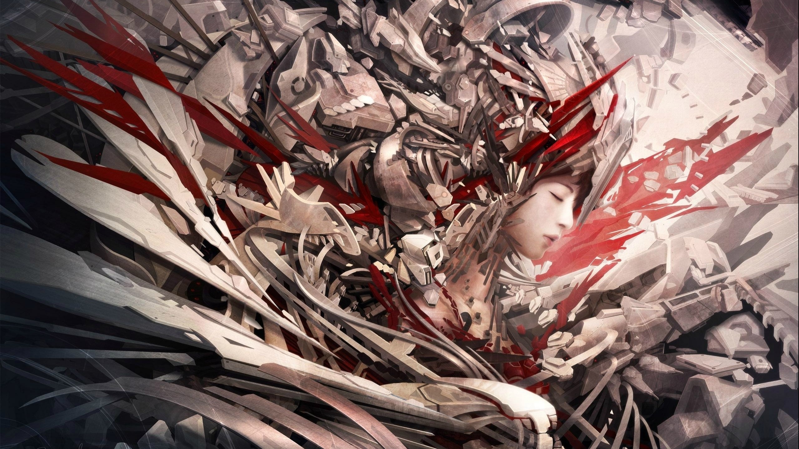 Artwork of a cyborg with red accents HD Wallpaper